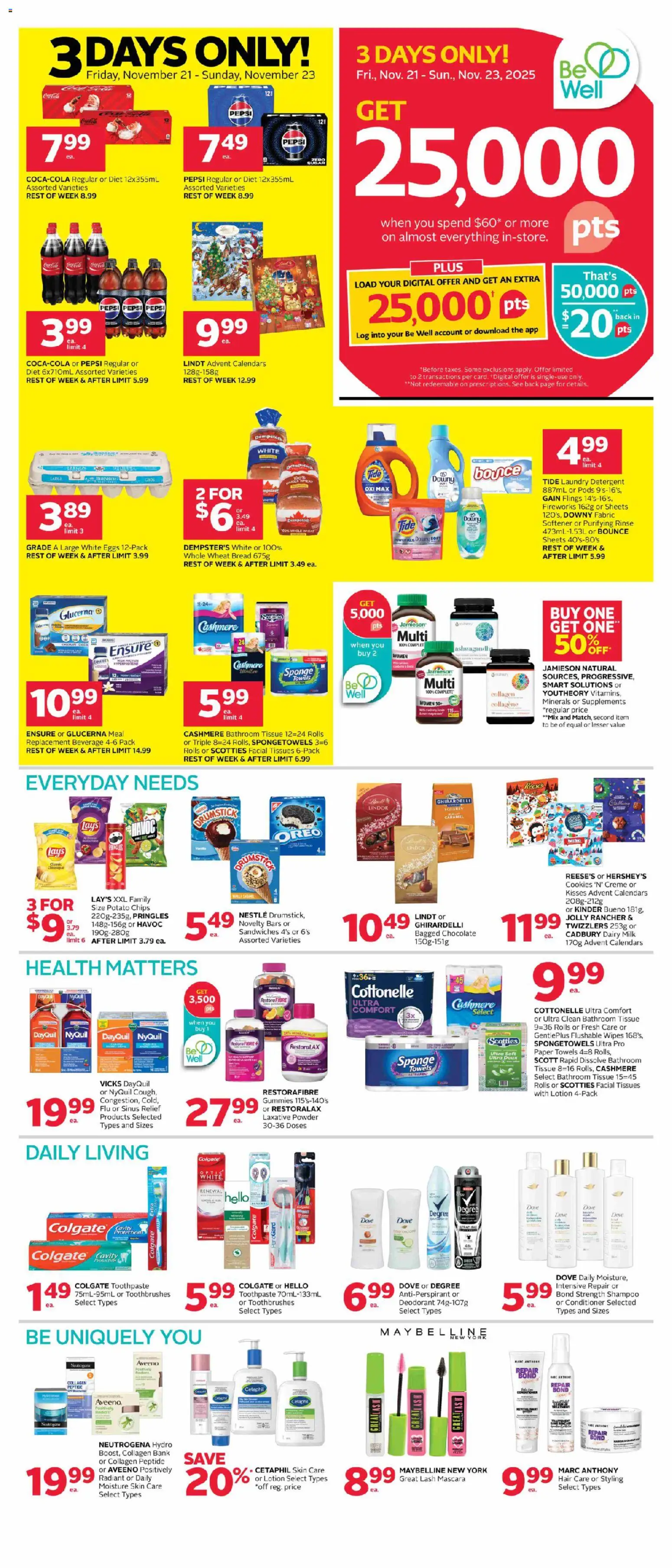 Rexall flyer valid from 21.11.2025 | Page: 1 | Products: Mascara, Detergent, Bread, Chocolate