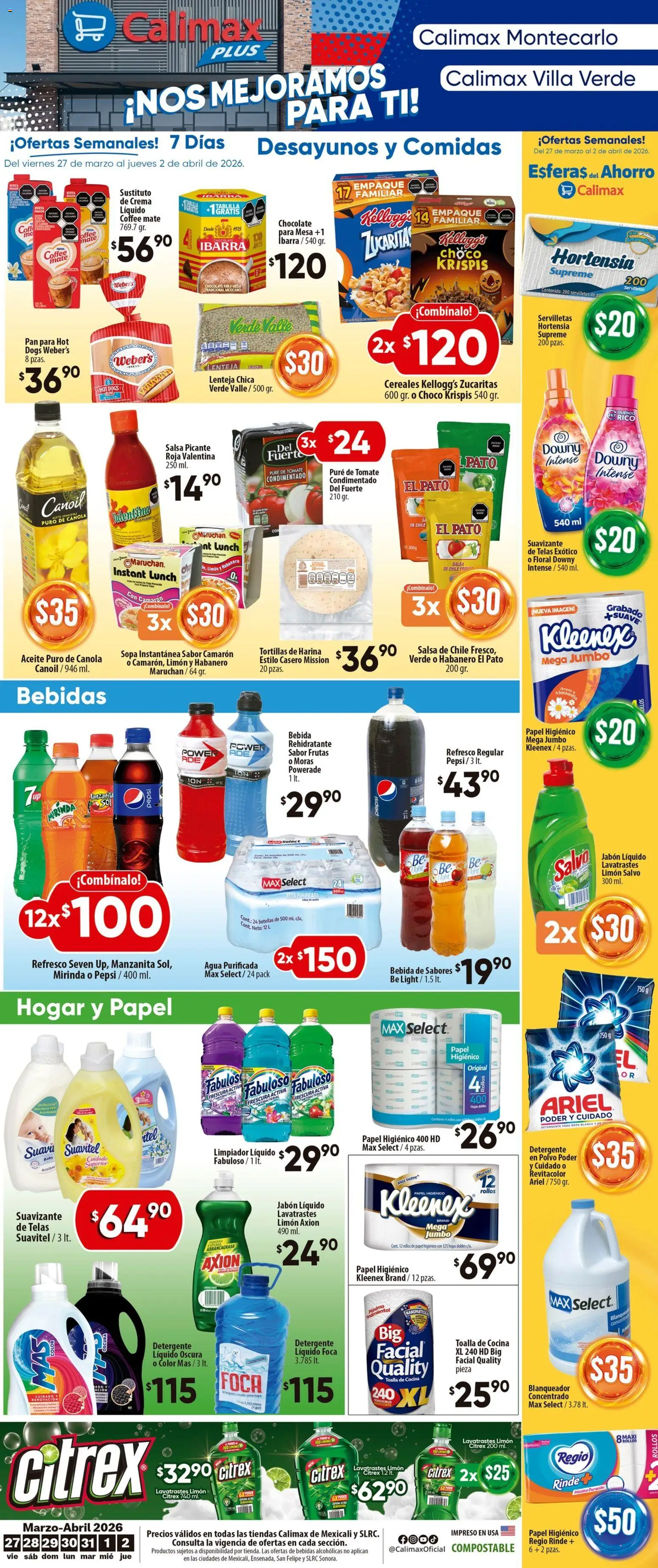 Nuevas ofertas de Calimax válidas en toda la República Mexicana desde el 27.03.2026. ¡Encuentra las mejores ofertas en Calimax folleto Mexicali y SLRC! | Página: 6 | Productos: Jabón líquido, Aceite, Pure de Tomate, Polvo