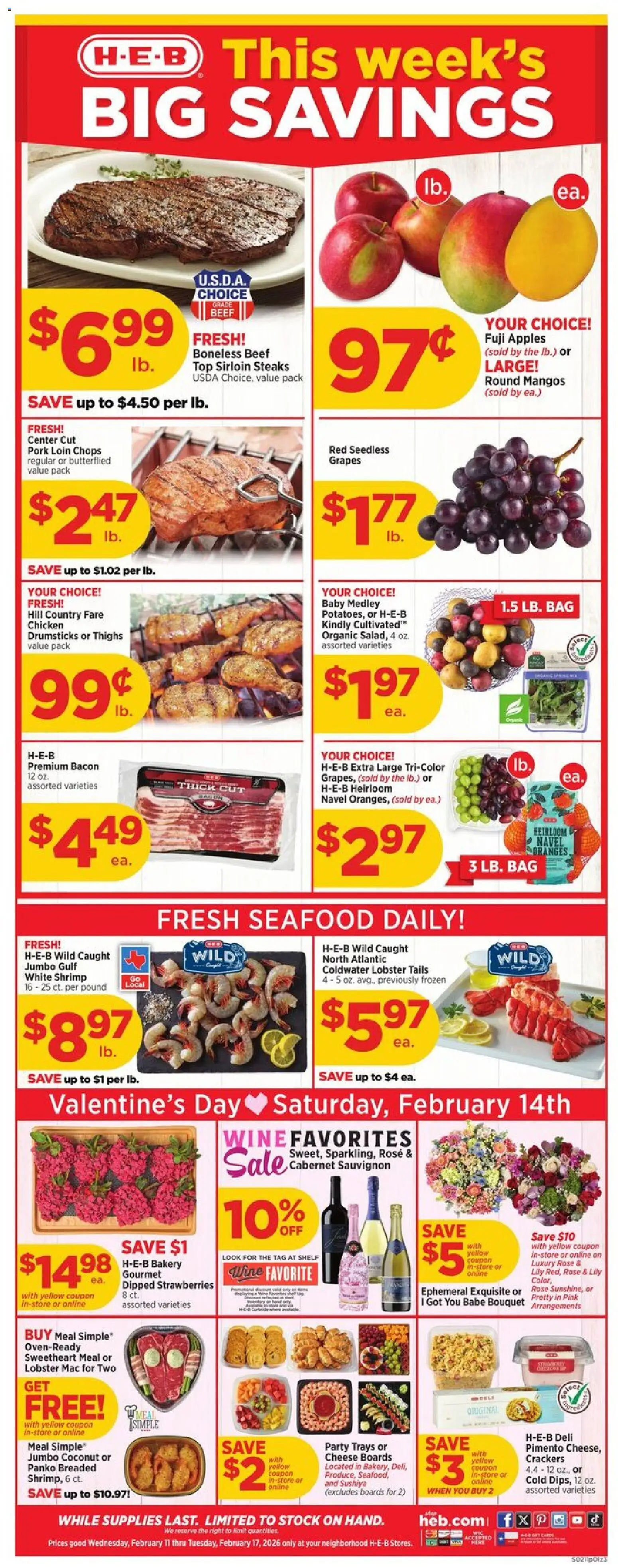 H-E-B Weekly Ad - valid from 11.02.2026 | Page: 1 | Products: Wine, Pork, Apples, Strawberries
