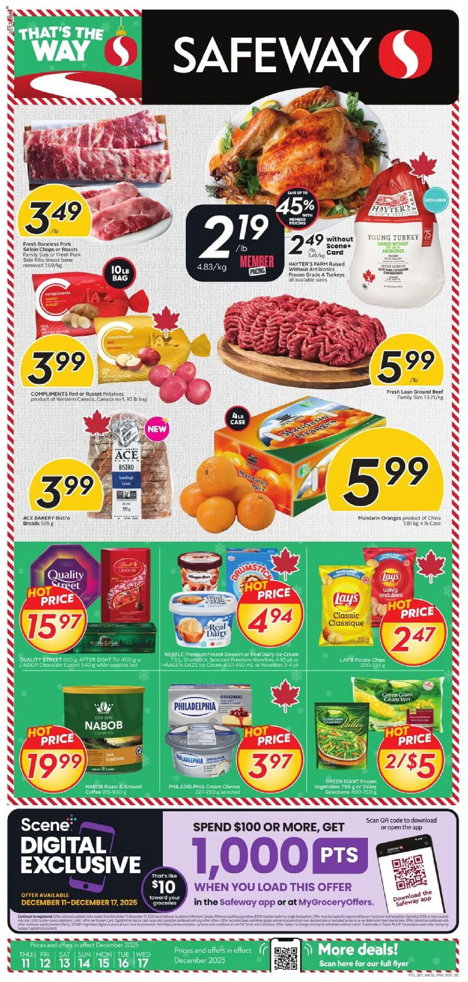 Safeway flyer valid from 11.12.2025 | Page: 1 | Products: Ice cream, Bag, Coffee, Oranges