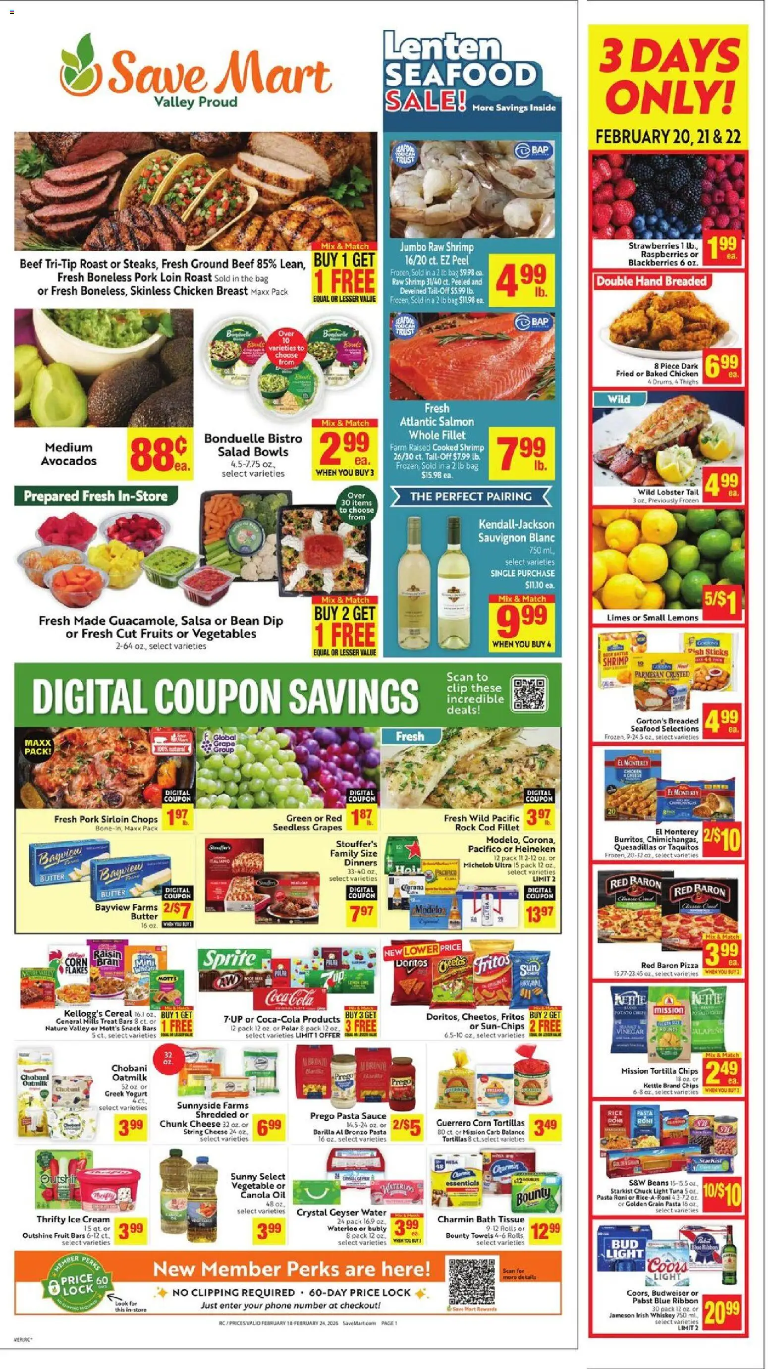 Save Mart Weekly Ad - valid from 18.02.2026 | Page: 1 | Products: Butter, Pizza, Salad, Bag