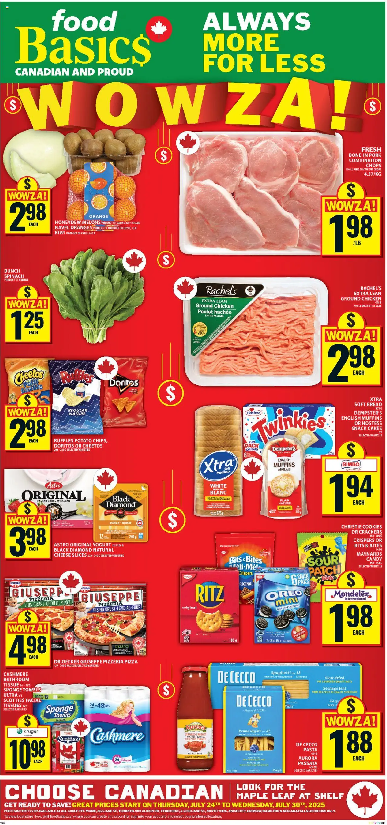 Food Basics flyer valid from 24.07.2025 | Page: 1 | Products: Cookies, Cheese, Yogurt, Pork