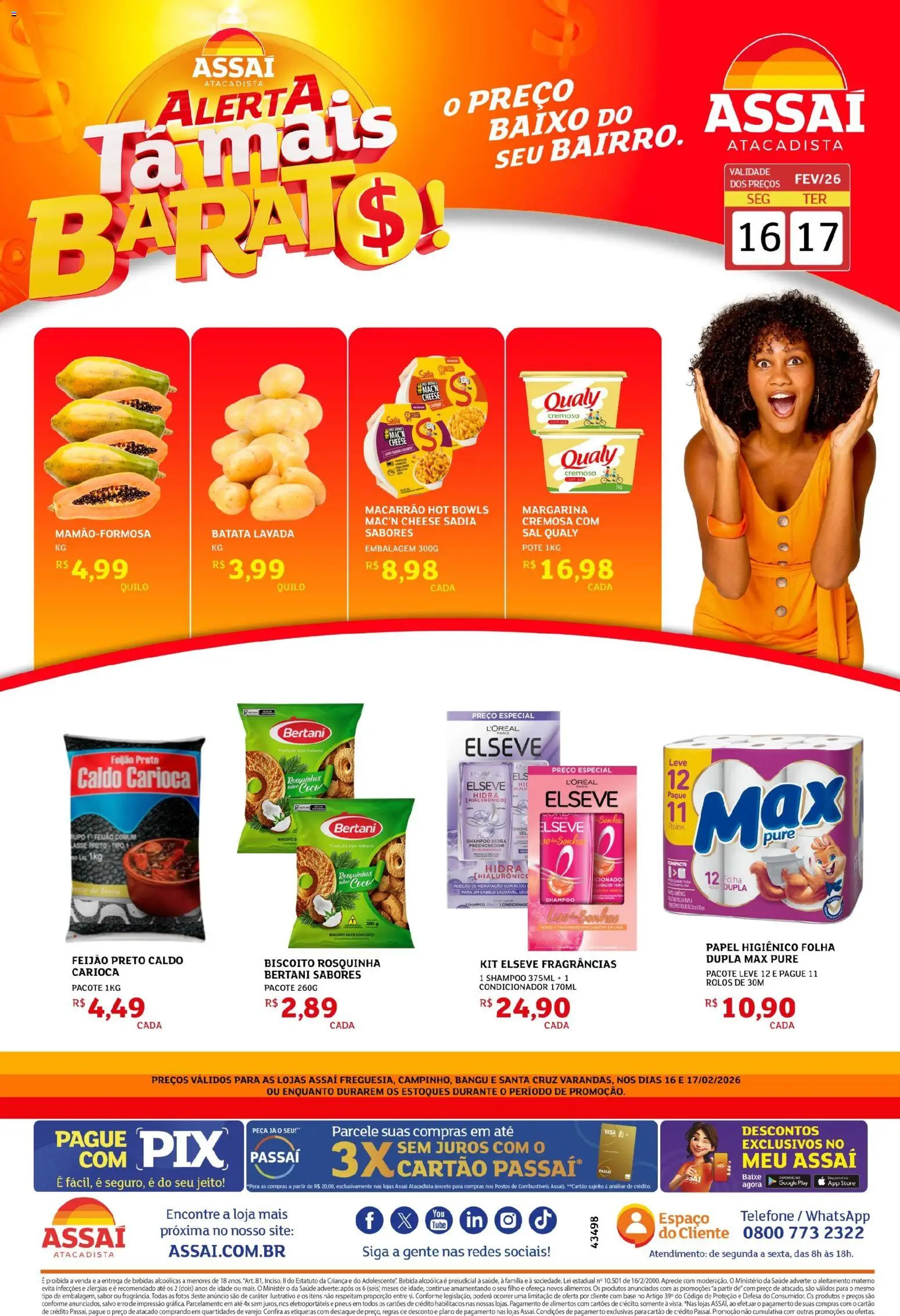 Assaí Atacadista Folheto - válido de 16.02.2026 | Página: 1 | Produtos: Base, Baixo, Telefone, Rosquinha