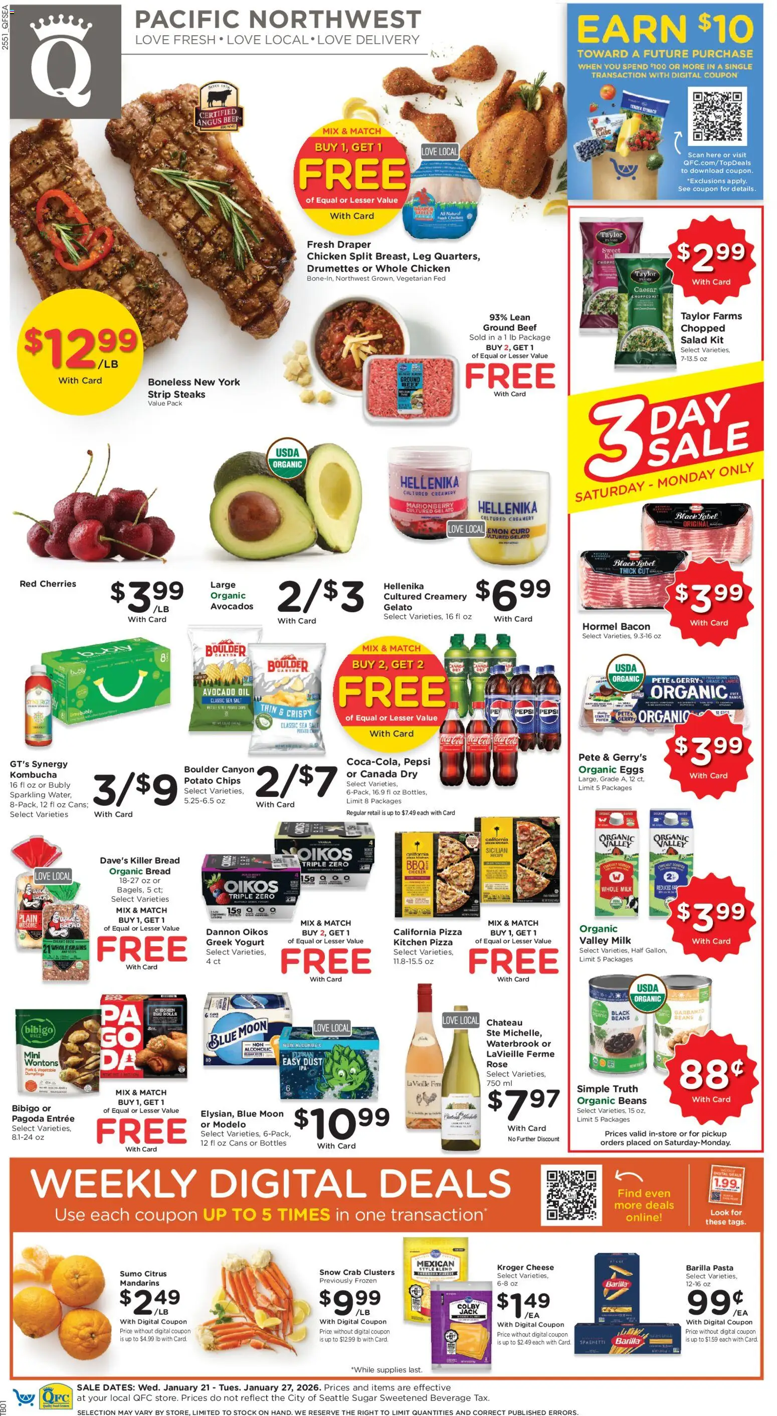 QFC Weekly Ad - valid from 21.01.2026 | Page: 1 | Products: Cherries, Eggs, Beef, Chips