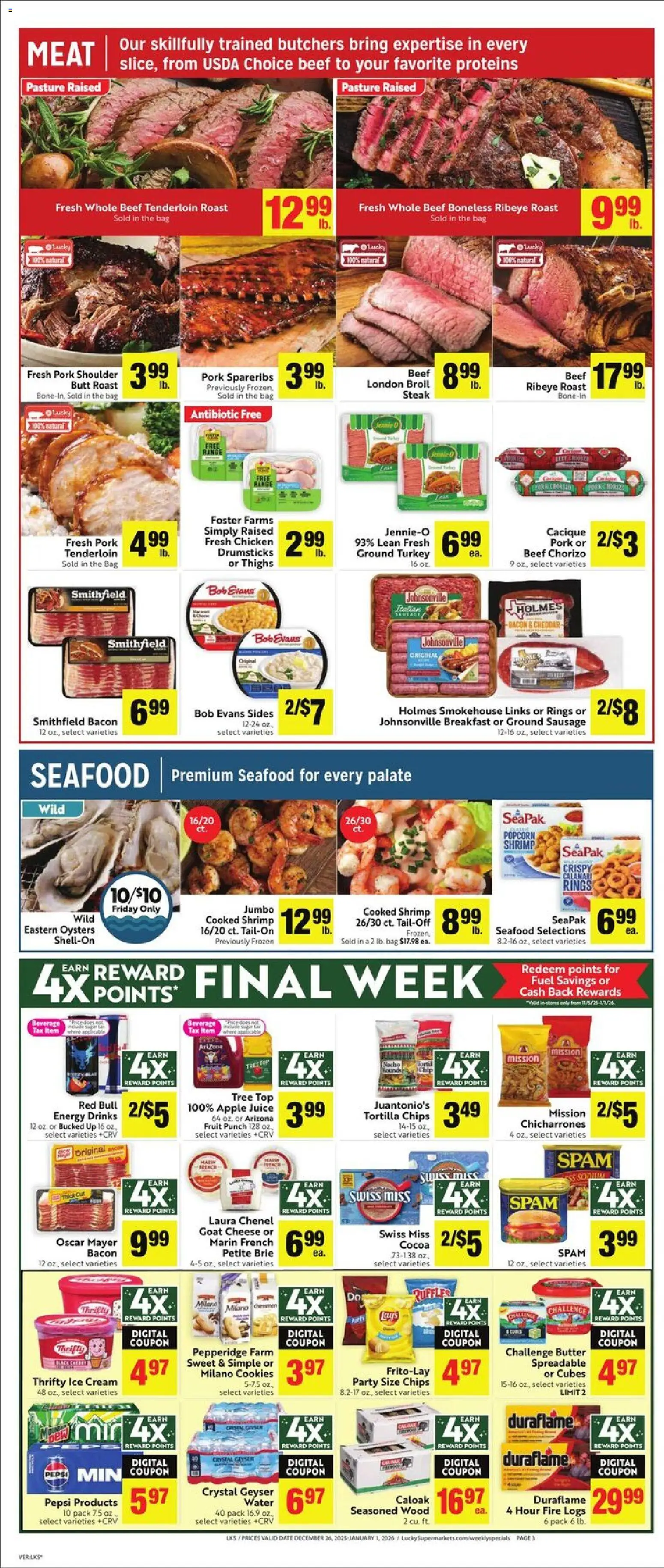 Lucky Supermarkets Weekly - CA - valid from 26.12.2025 | Page: 3 | Products: Beef, Chips, Water, Sausage