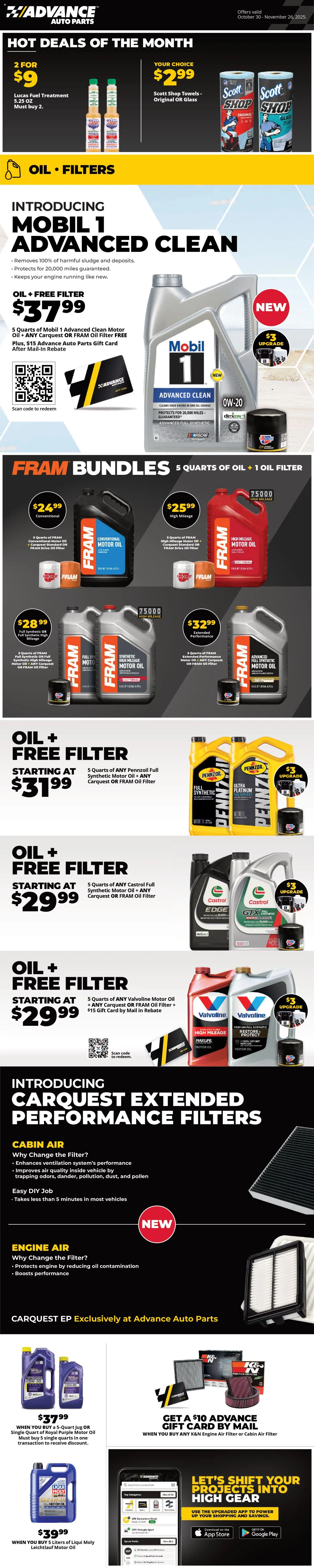 Advance Auto Parts Weekly Ad - valid from 01.11.2025 | Page: 1 | Products: Oil, Oil filter, Motor Oil, Air Filter