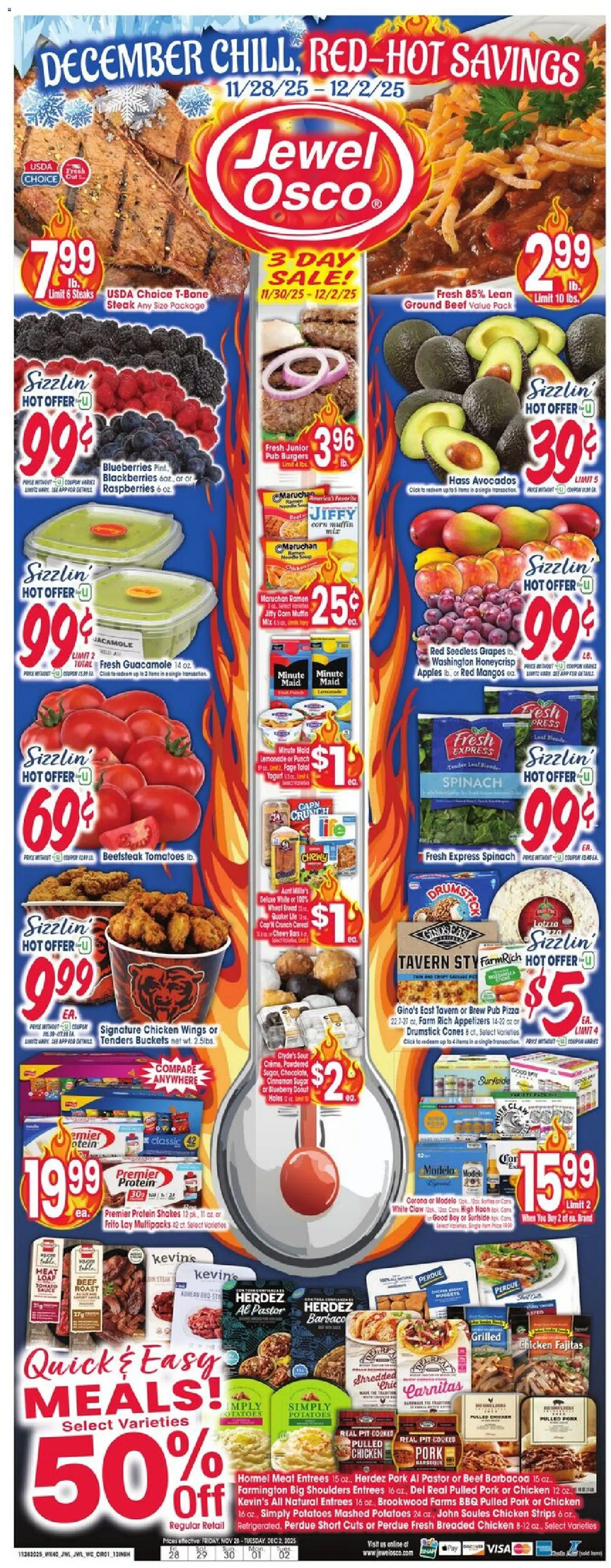 Jewel Osco Weekly Ad - IN - valid from 28.11.2025 | Page: 1 | Products: Spinach, Beef, Sugar, Blueberries