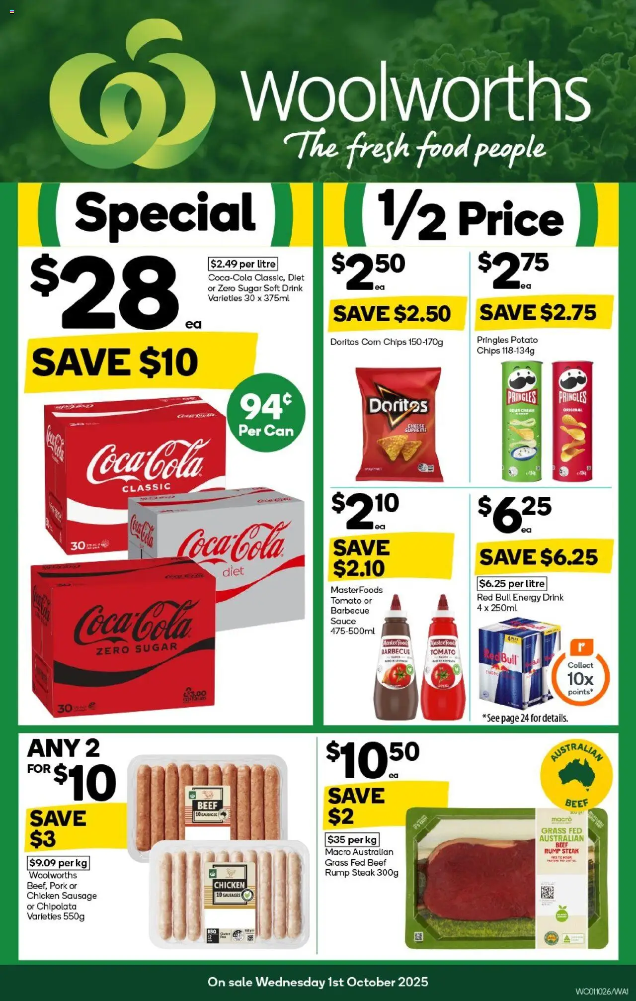 Woolworths catalogue - valid from 01.10.2025 | Page: 1 | Products: Energy drink, Pork, Sour cream, Beef