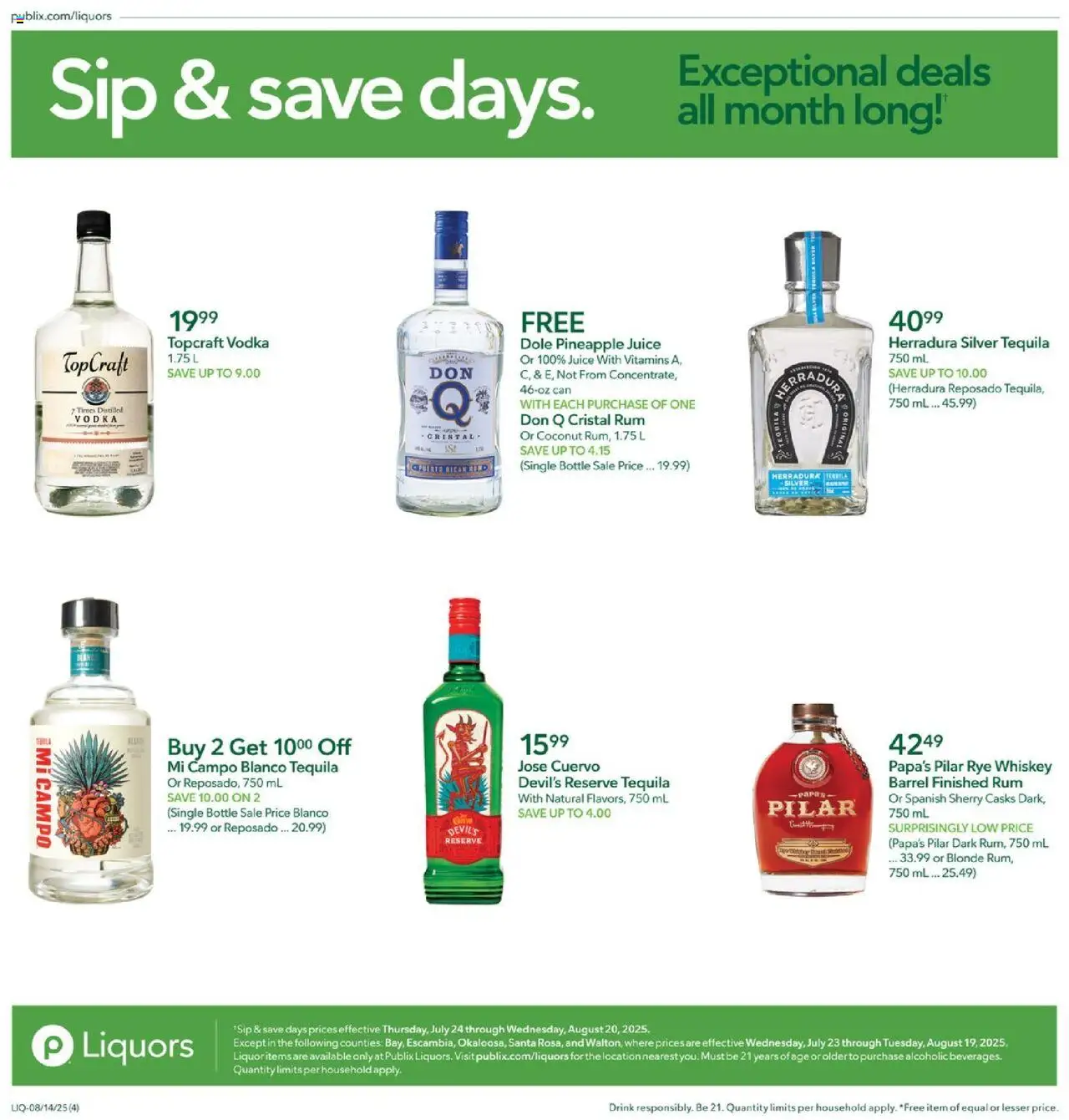 Publix Liquor - valid from 14.08.2025 | Page: 4 | Products: Juice, Pineapple, Vodka, Whiskey
