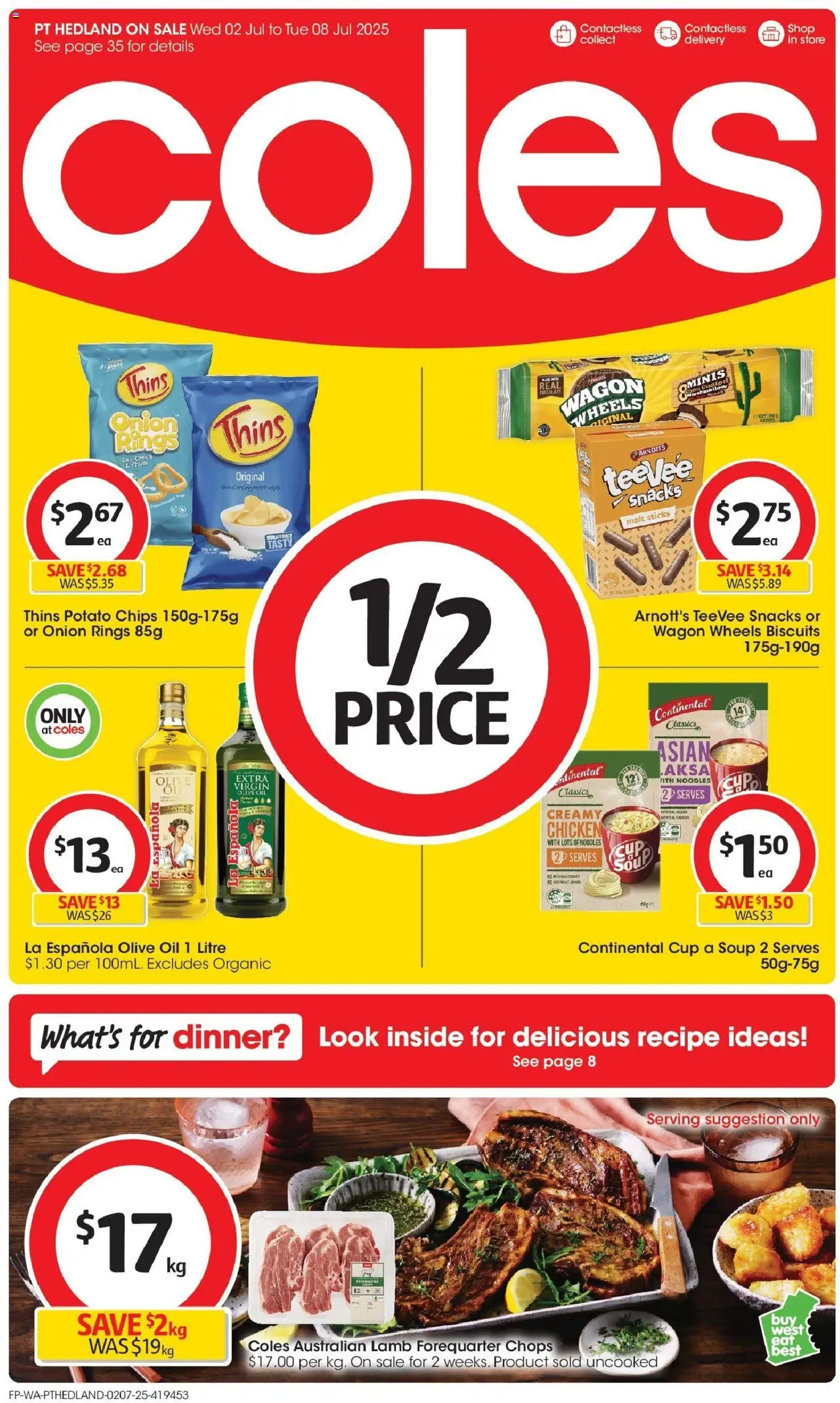 Coles catalogue - valid from 02.07.2025 | Page: 1 | Products: Chicken, Lamb, Olive oil, Biscuits