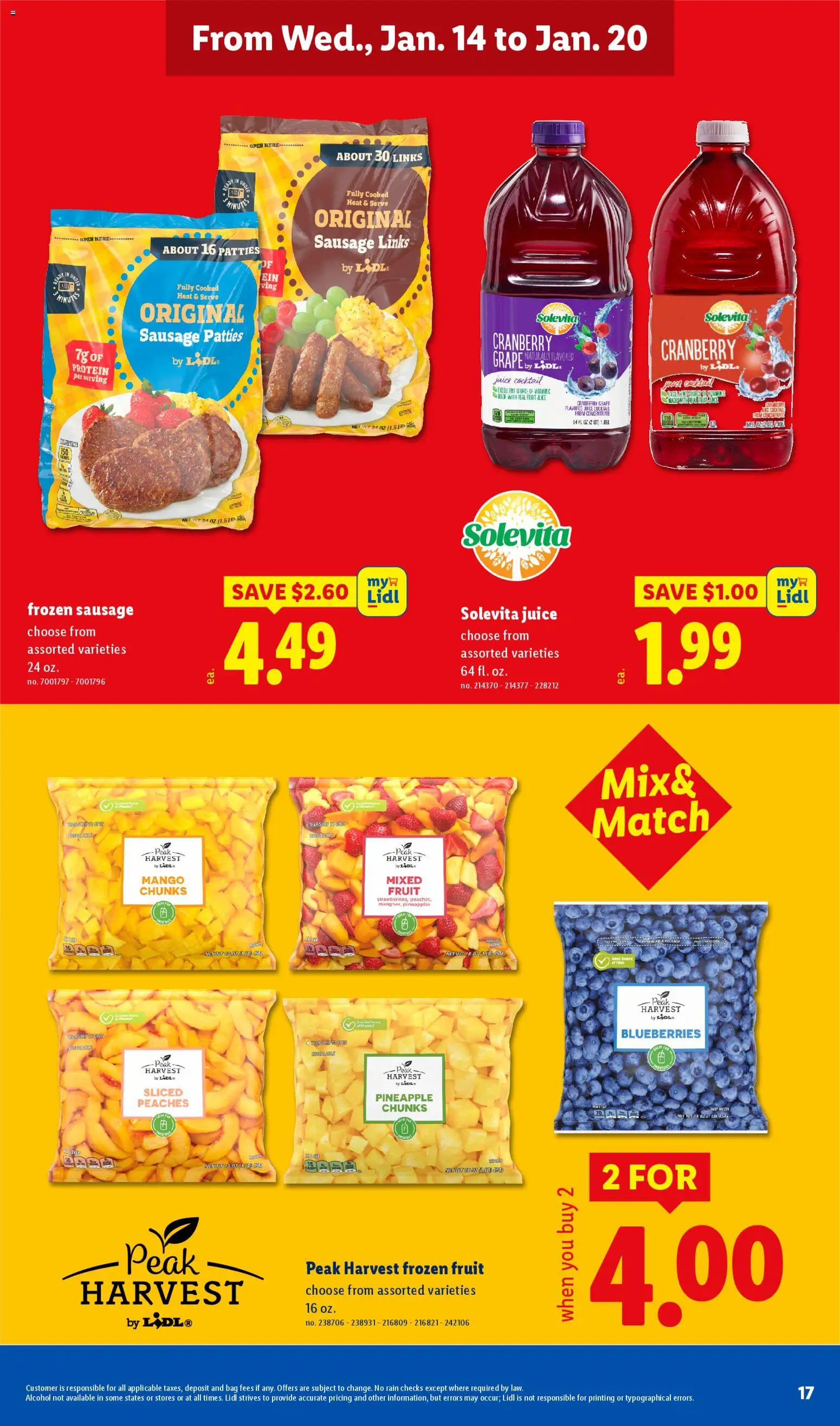 Lidl Weekly Ad - valid from 14.01.2026 | Page: 17 | Products: Peaches, Pineapple, Sausage, Blueberries