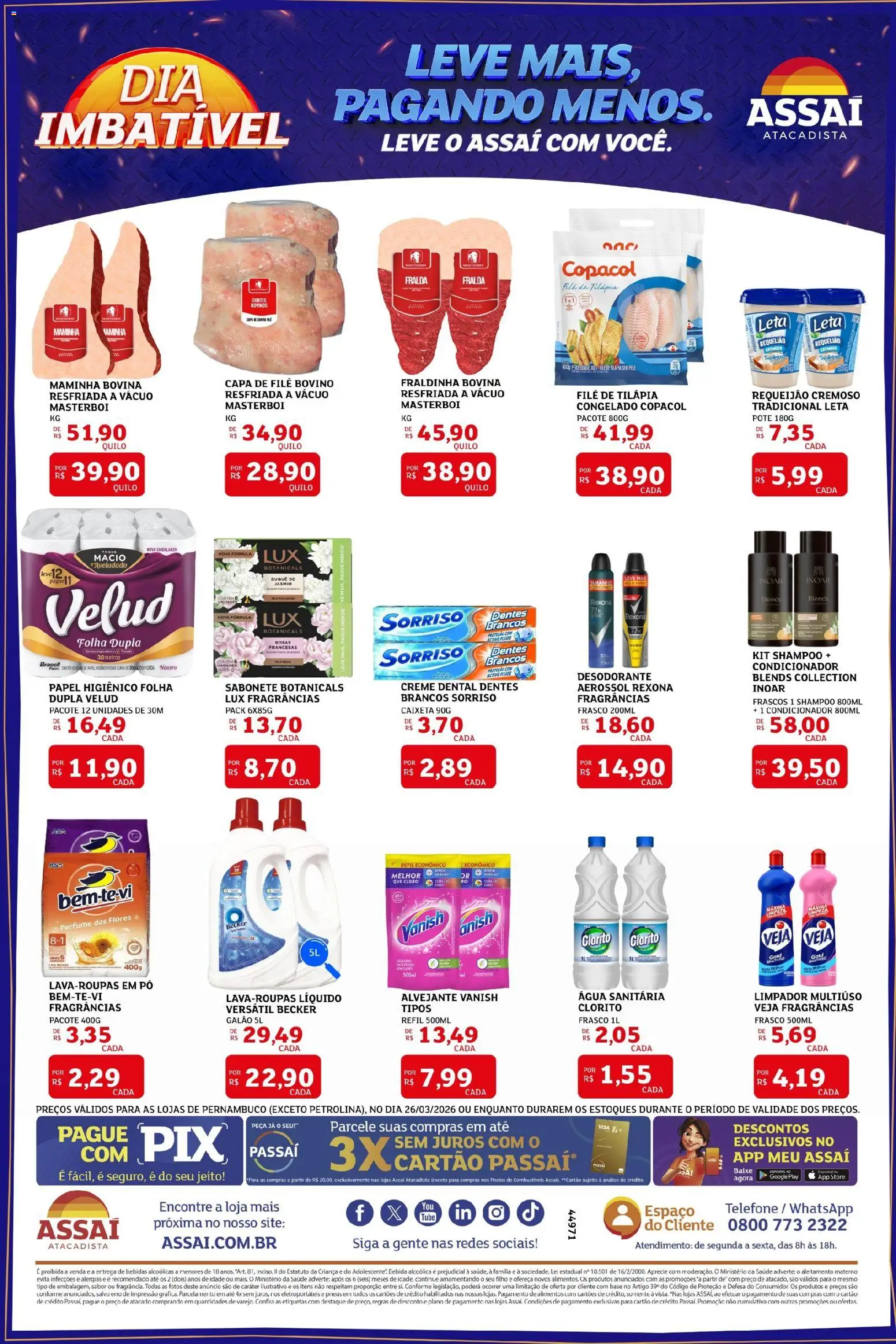 Assaí Atacadista Folheto - válido de 26.03.2026 | Página: 2 | Produtos: Bebida, Requeijão, Filé de tilápia, Água sanitária