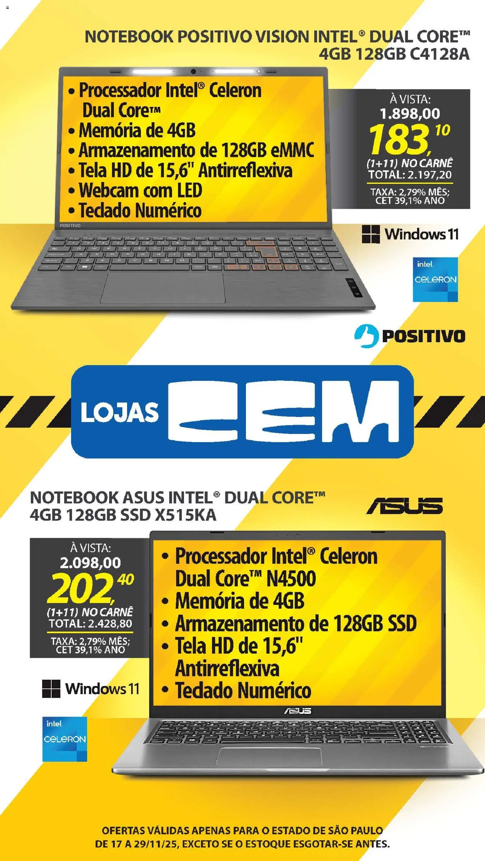 Lojas Cem Folheto - válido de 17.11.2025 | Página: 13 | Produtos: Notebook, Processador, Tela, Teclado