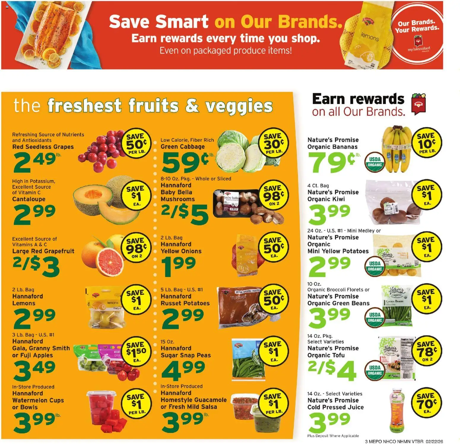 Hannaford Weekly Ad - valid from 22.02.2026 | Page: 3 | Products: Mushrooms, Apples, Bananas, Sugar
