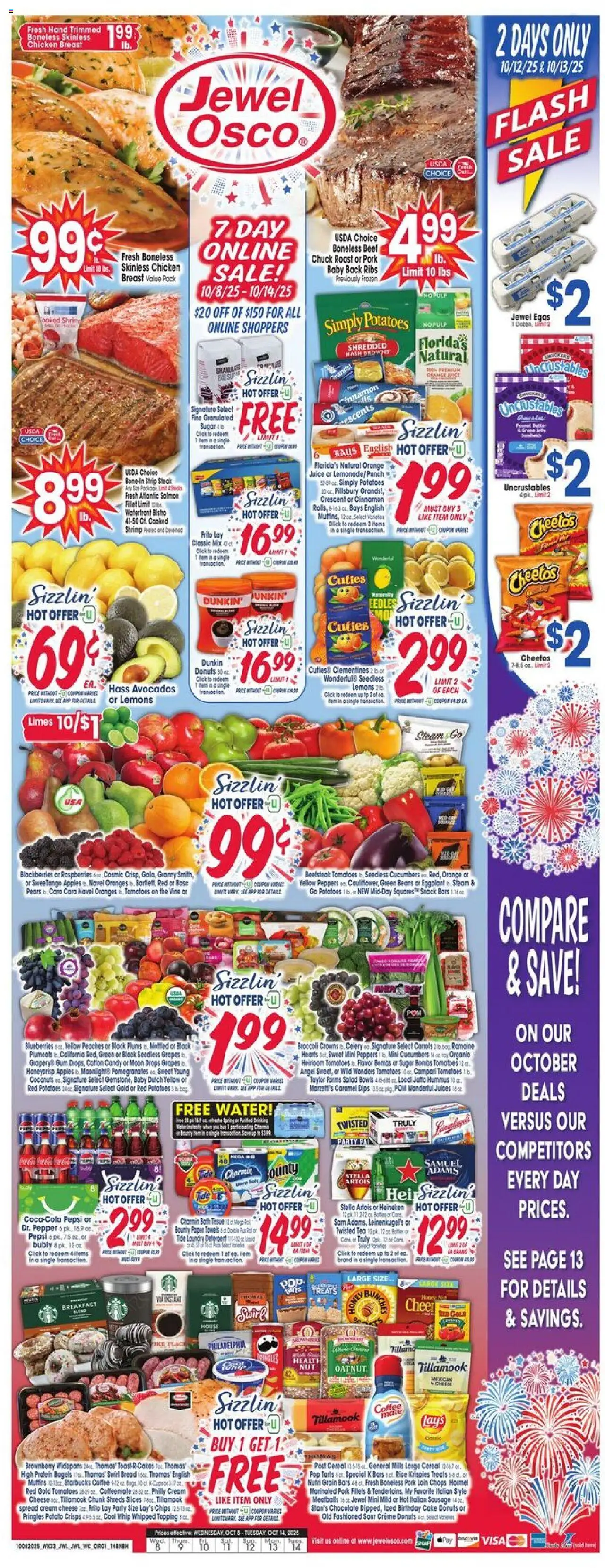 Jewel Osco Weekly Ad - valid from 08.10.2025 | Page: 1 | Products: Romaine, Sugar, Grapes, Shock