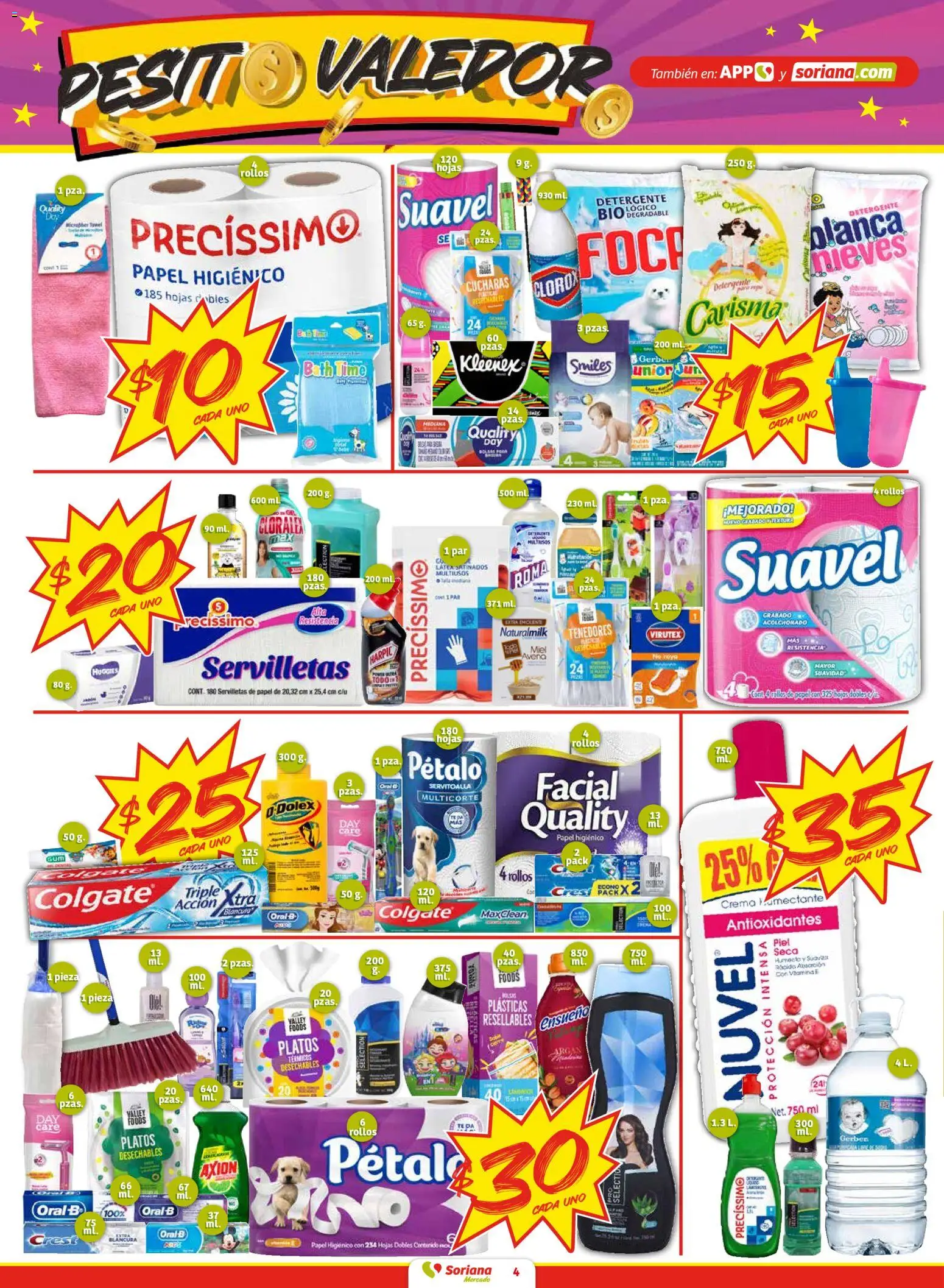 Nuevas ofertas de Soriana válidas en toda la República Mexicana desde el 30.01.2026. ¡Encuentra las mejores ofertas en Soriana - Pesito Valedor Mercado: Ags, Col, Gto, Jal, Mich! | Página: 4 | Productos: Detergente, Crema, Papel higiénico, Té