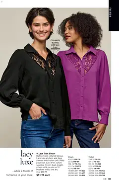 Preview of Lace Trim Blouse, Button-front collared blouse. Lace trim at chest and long sleeves with button cuff. Body: polyester. Lace trim: nylon/spandex. Centre back length: 62 cm on M; 66 cm on 1Χ. Machine wash, line dry. from shop Avon valid from 29.01.2026 | Page: 133