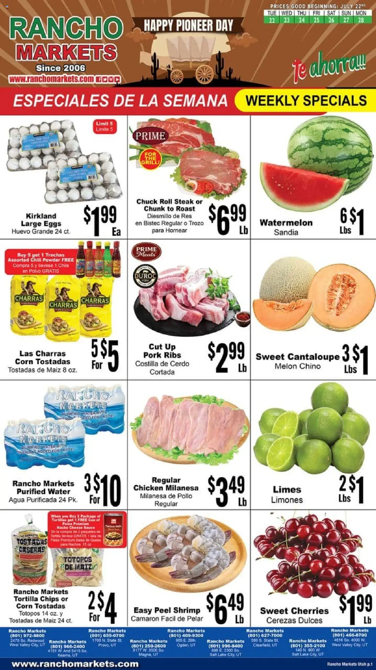 Rancho Markets Weekly Ad - valid from 22.07.2025 | Page: 1 | Products: Cheese, Eggs, Water, Melon