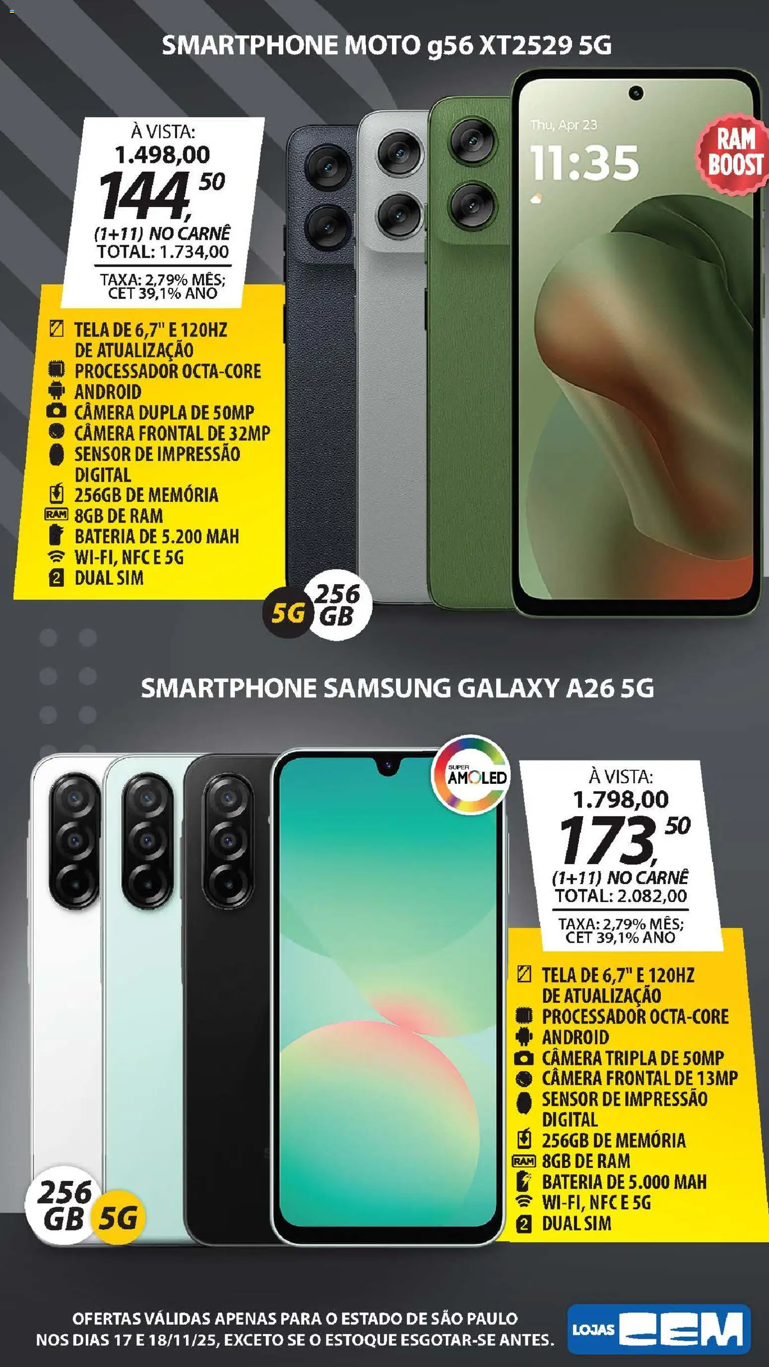 Lojas Cem Folheto - válido de 17.11.2025 | Página: 6 | Produtos: Memória ram, Bateria, Smartphone, Câmera