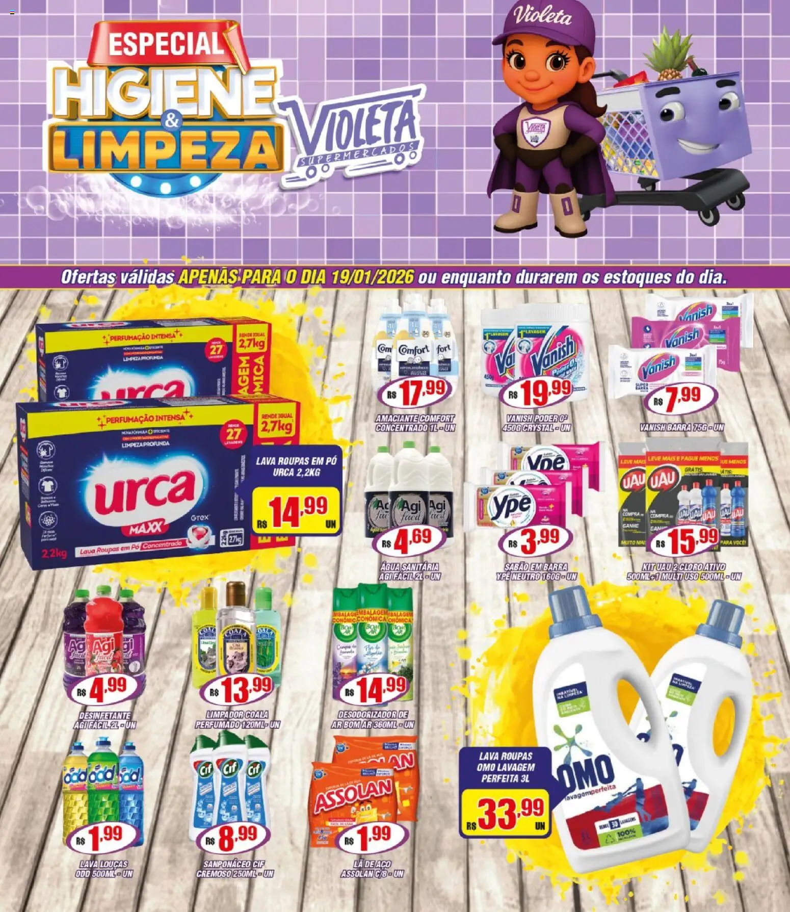 Violeta Supermercados Folheto - válido de 19.01.2026 | Página: 1 | Produtos: Pó, Cloro, Amaciante, Água sanitária