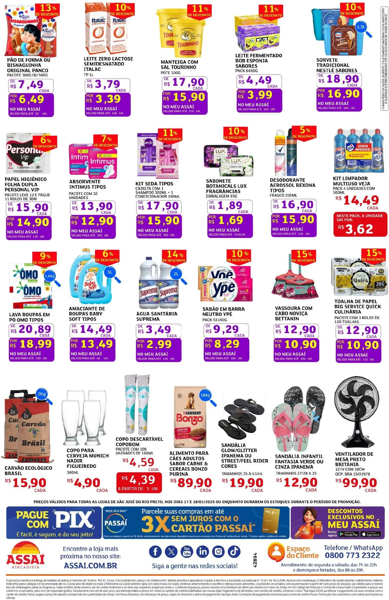 Assaí Atacadista Folheto - válido de 17.01.2026 | Página: 2 | Produtos: Sabão em barra, Leite, Pão, Bebida