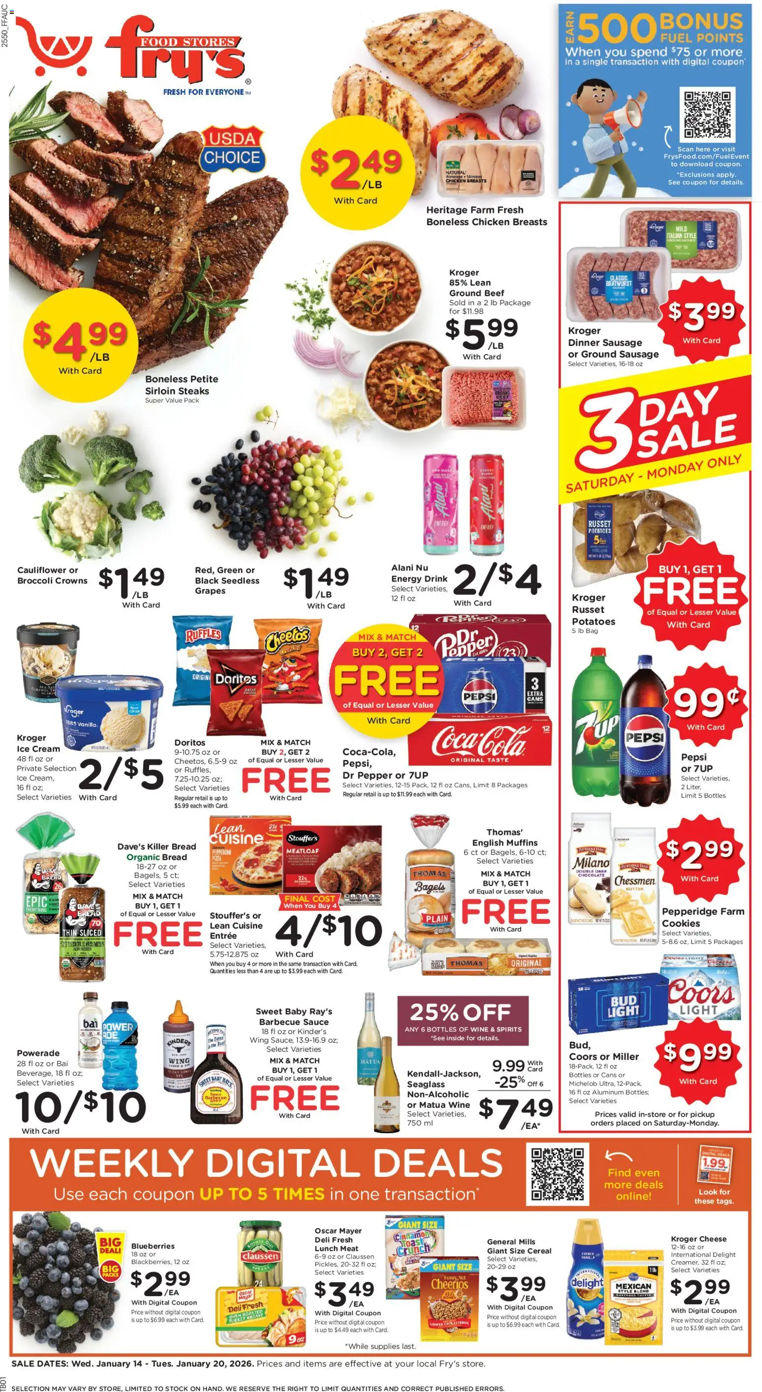 Fry's Food Weekly Ad - valid from 14.01.2026 | Page: 1 | Products: Ice cream, Sauce, Cauliflower, Bag