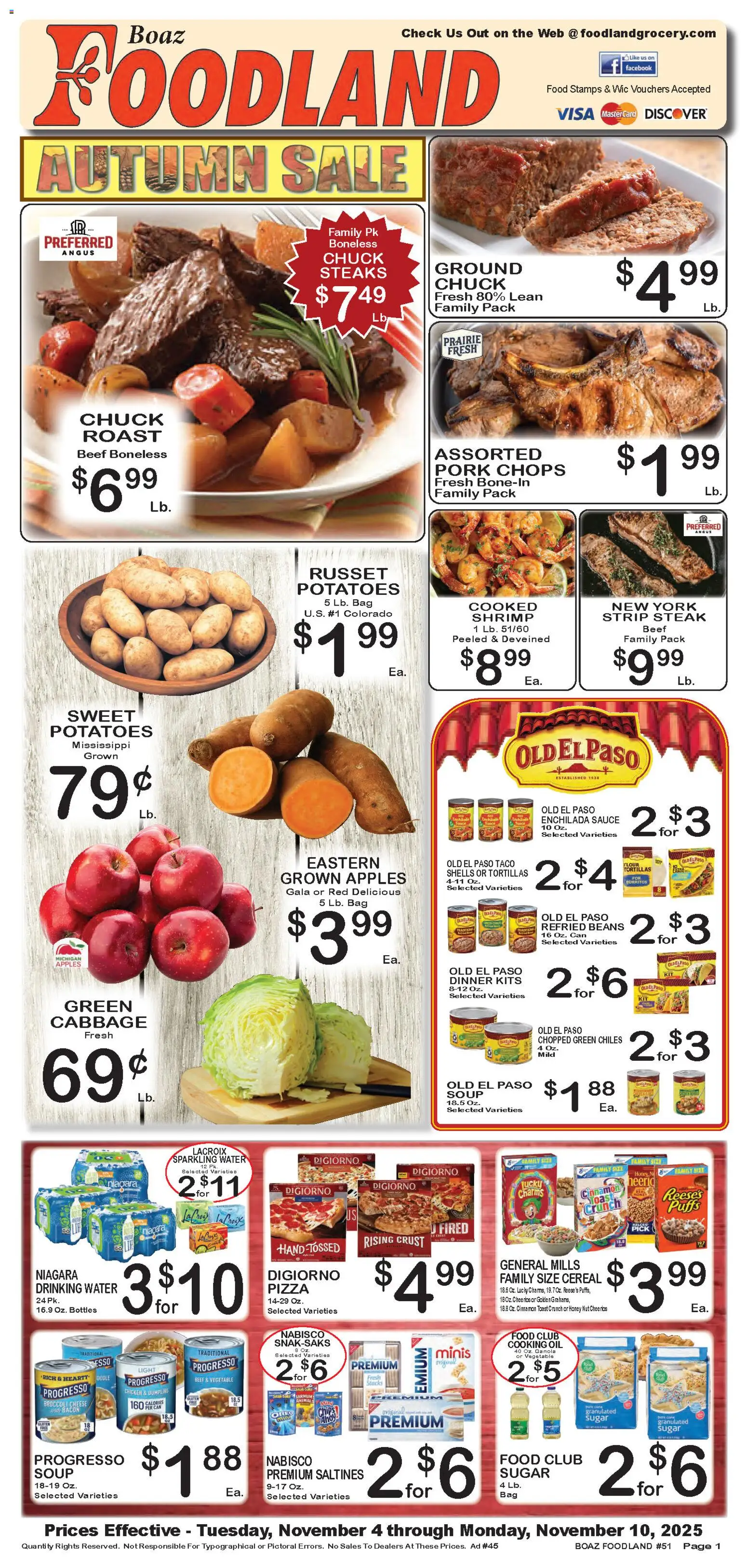 Foodland Weekly Ad - valid from 04.11.2025 | Page: 1 | Products: Cheese, Oil, Pork, Water