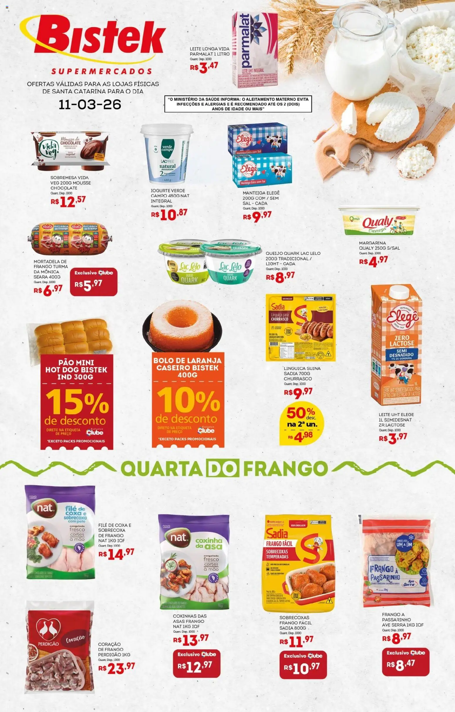 Bistek Supermercados Folheto - válido de 11.03.2026 | Página: 1 | Produtos: Linguiça, Coração de frango, Queijo, Mortadela