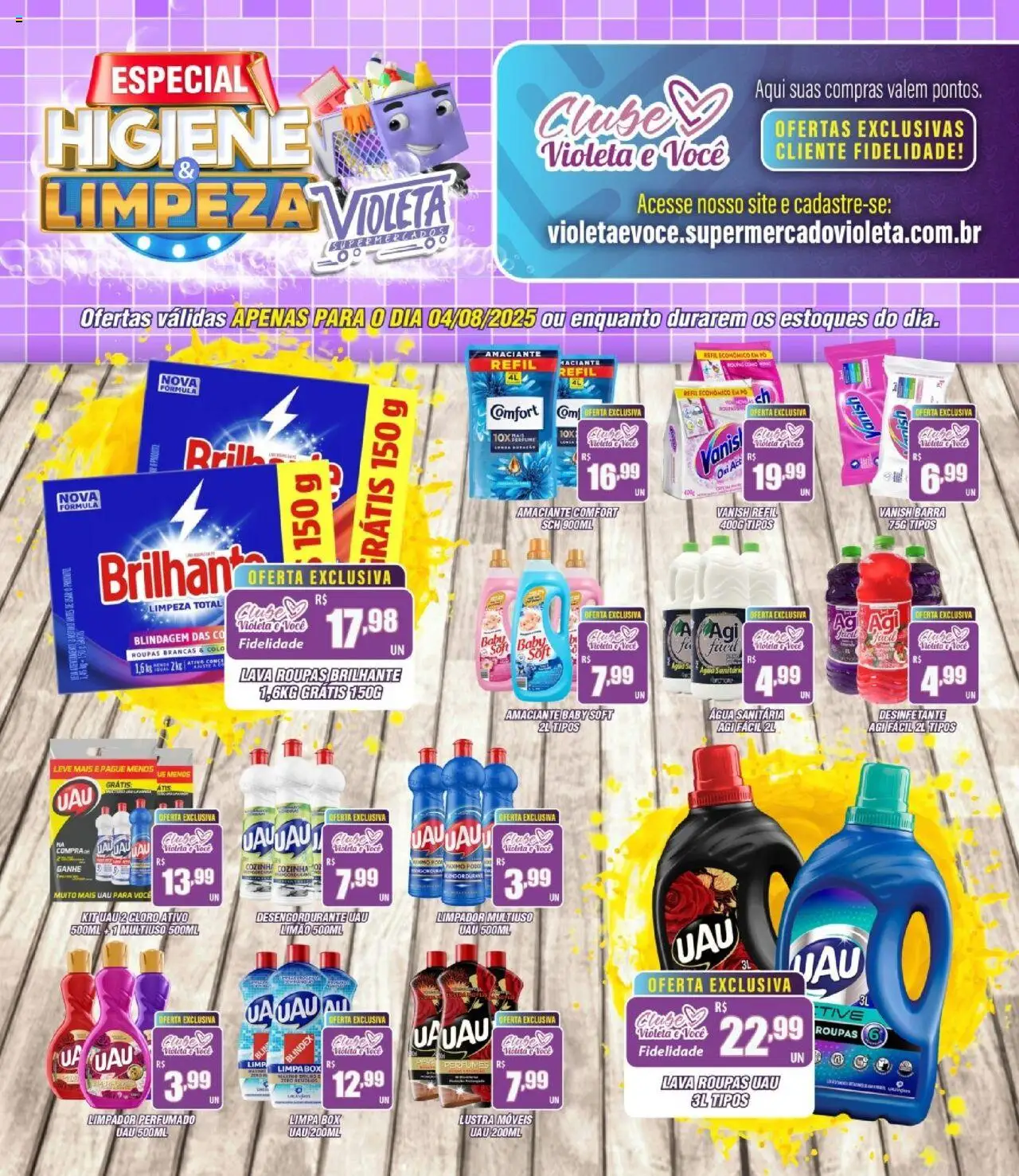 Violeta Supermercados Folheto - válido de 04.08.2025 | Página: 1 | Produtos: Cloro, Roupas, Perfumes, Amaciante