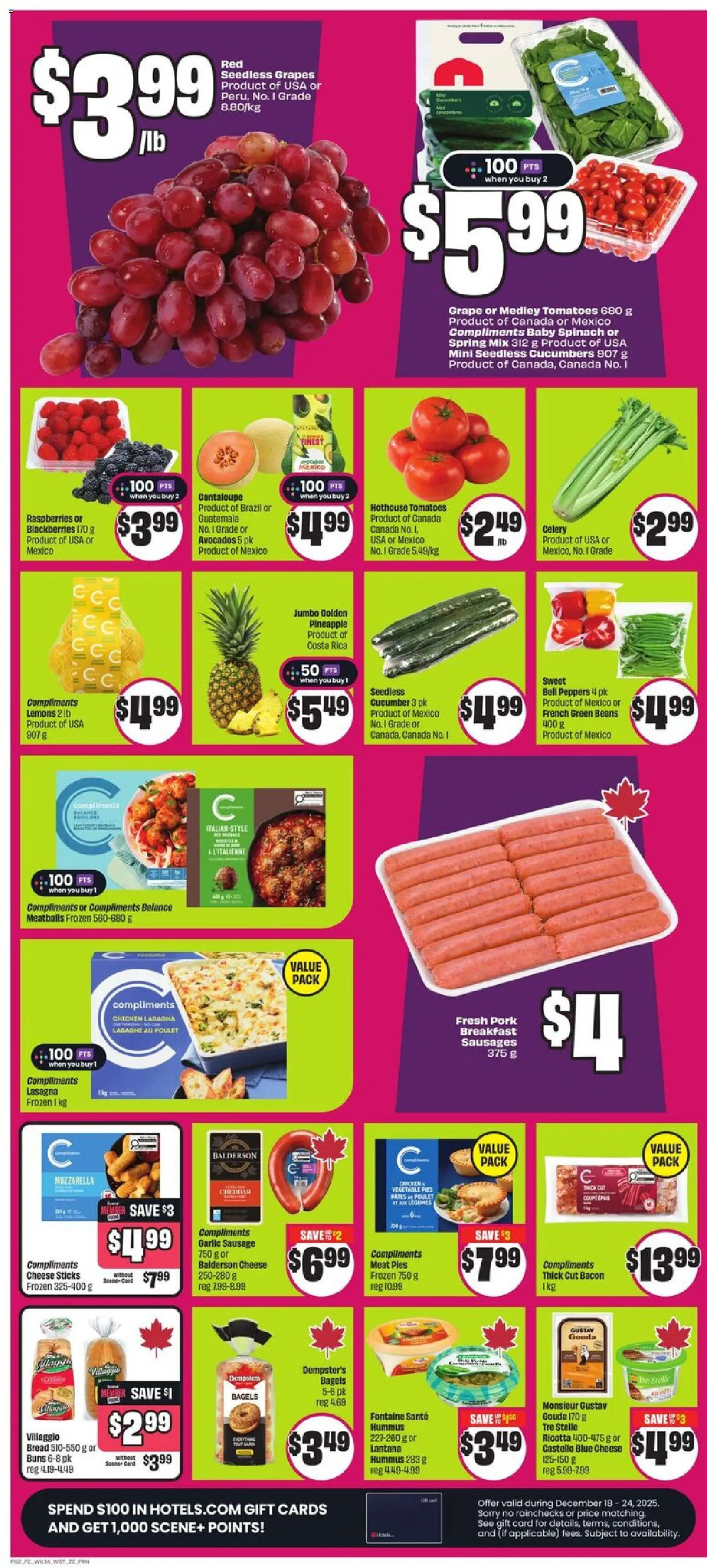 FreshCo flyer valid from 18.12.2025 | Page: 3 | Products: Cucumbers, Cheese, Chicken, Tomatoes