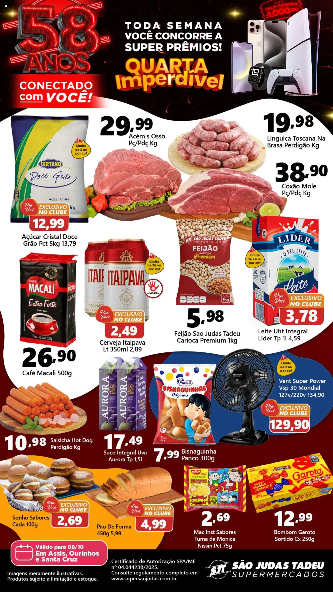 São Judas Tadeu Folheto - válido de 08.10.2025 | Página: 1 | Produtos: Linguiça, Leite, Suco, Bombom
