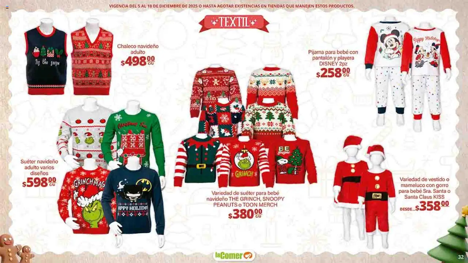 Nuevas ofertas de La Comer válidas en toda la República Mexicana desde el 05.12.2025. ¡Encuentra las mejores ofertas en La Comer folleto Felices Fiestas! | Página: 32 | Productos: Suéter, Pijama, Vestido, Mameluco