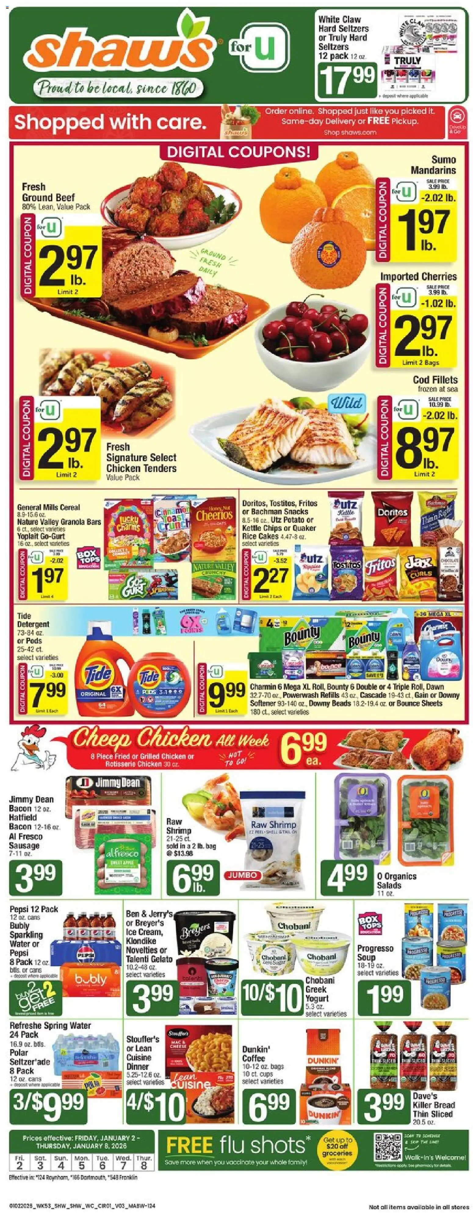 Shaw's Weekly Ad - MA - valid from 02.01.2026 | Page: 1 | Products: Cherries, Cheese, Sausage, Kettle