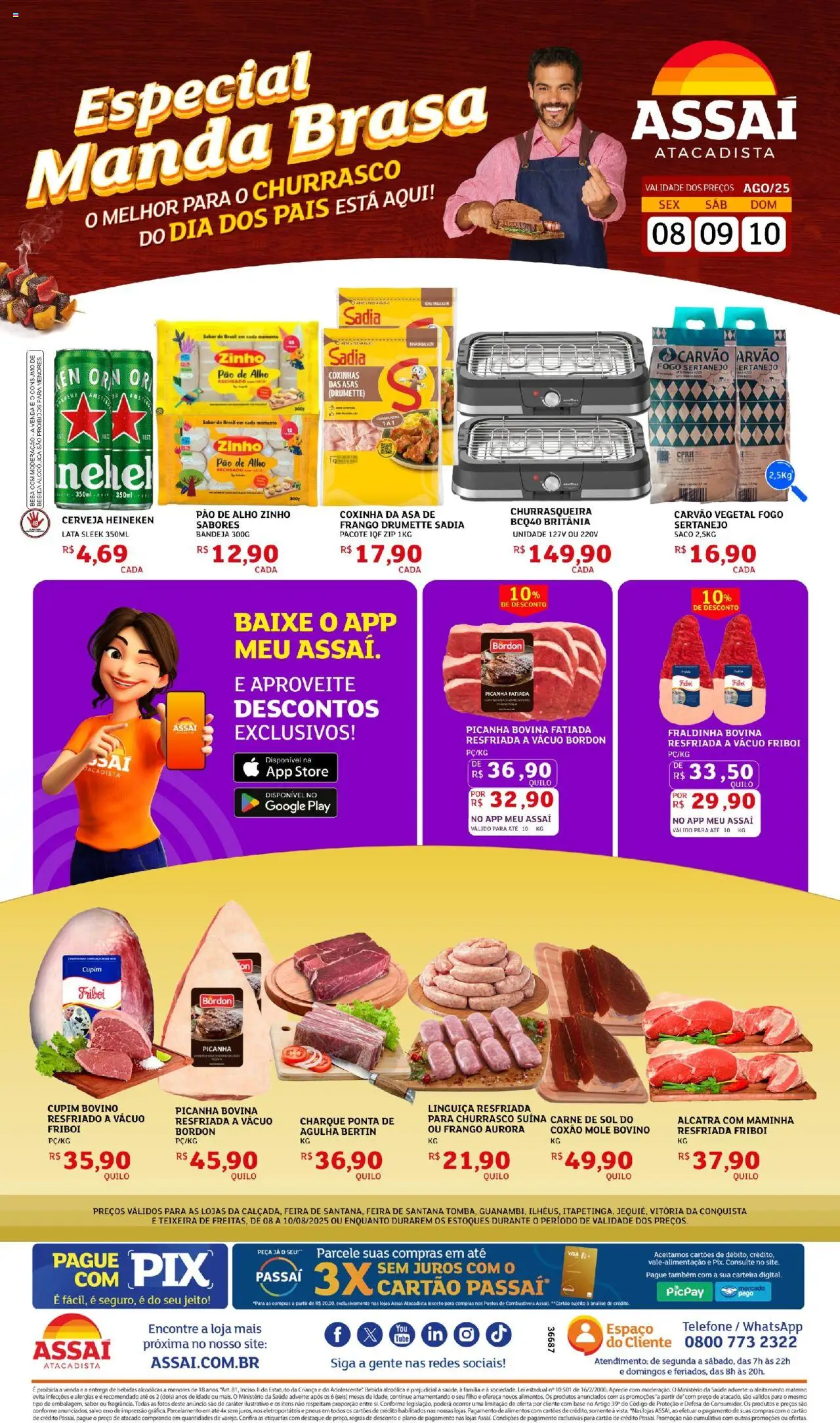 Assaí Atacadista Folheto - válido de 08.08.2025 | Página: 1 | Produtos: Pao de alho, Fraldinha, Base, Heineken