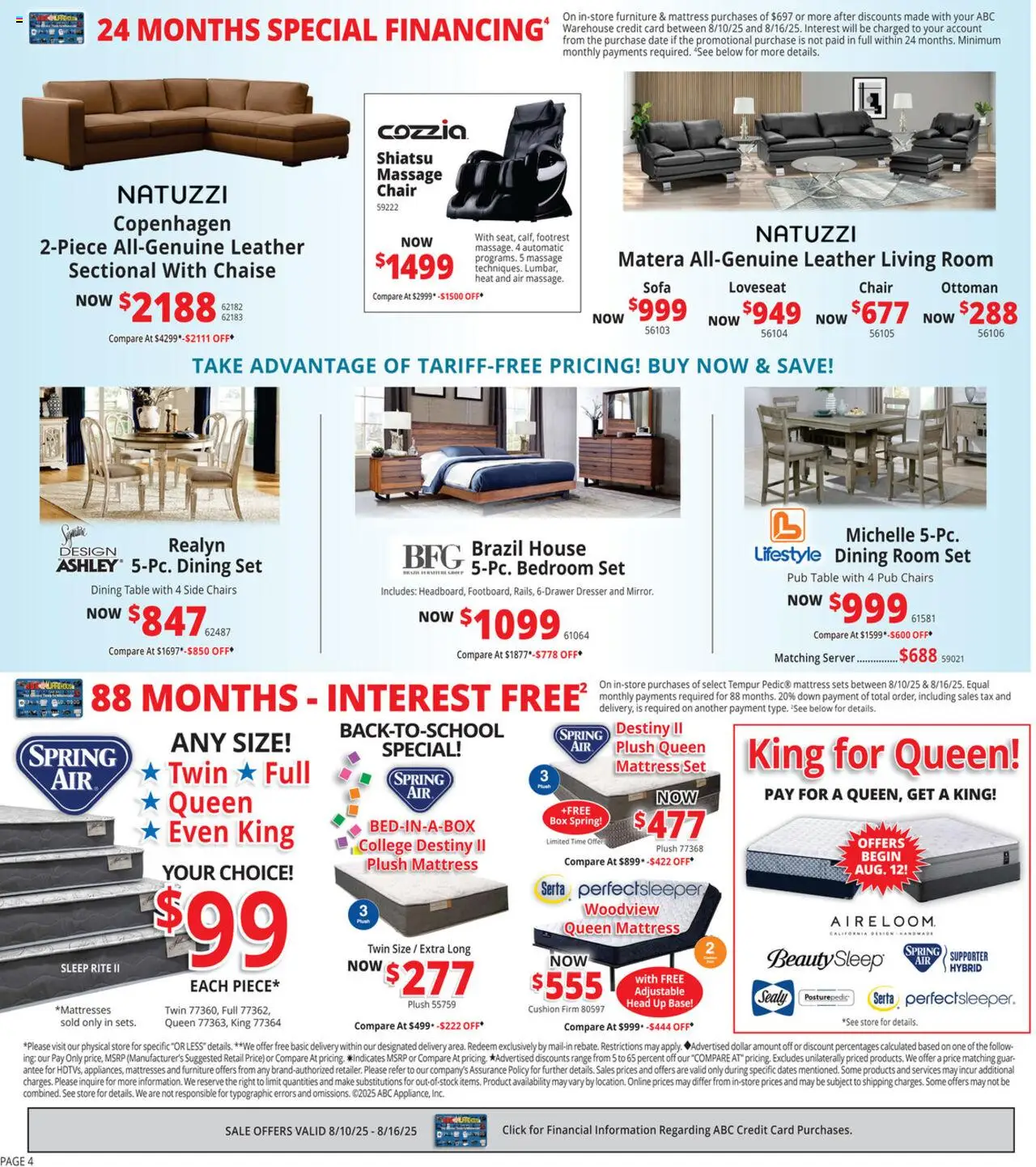 ABC Warehouse Weekly Ad - valid from 10.08.2025 | Page: 4 | Products: Sofa, Box, Loveseat, Dresser
