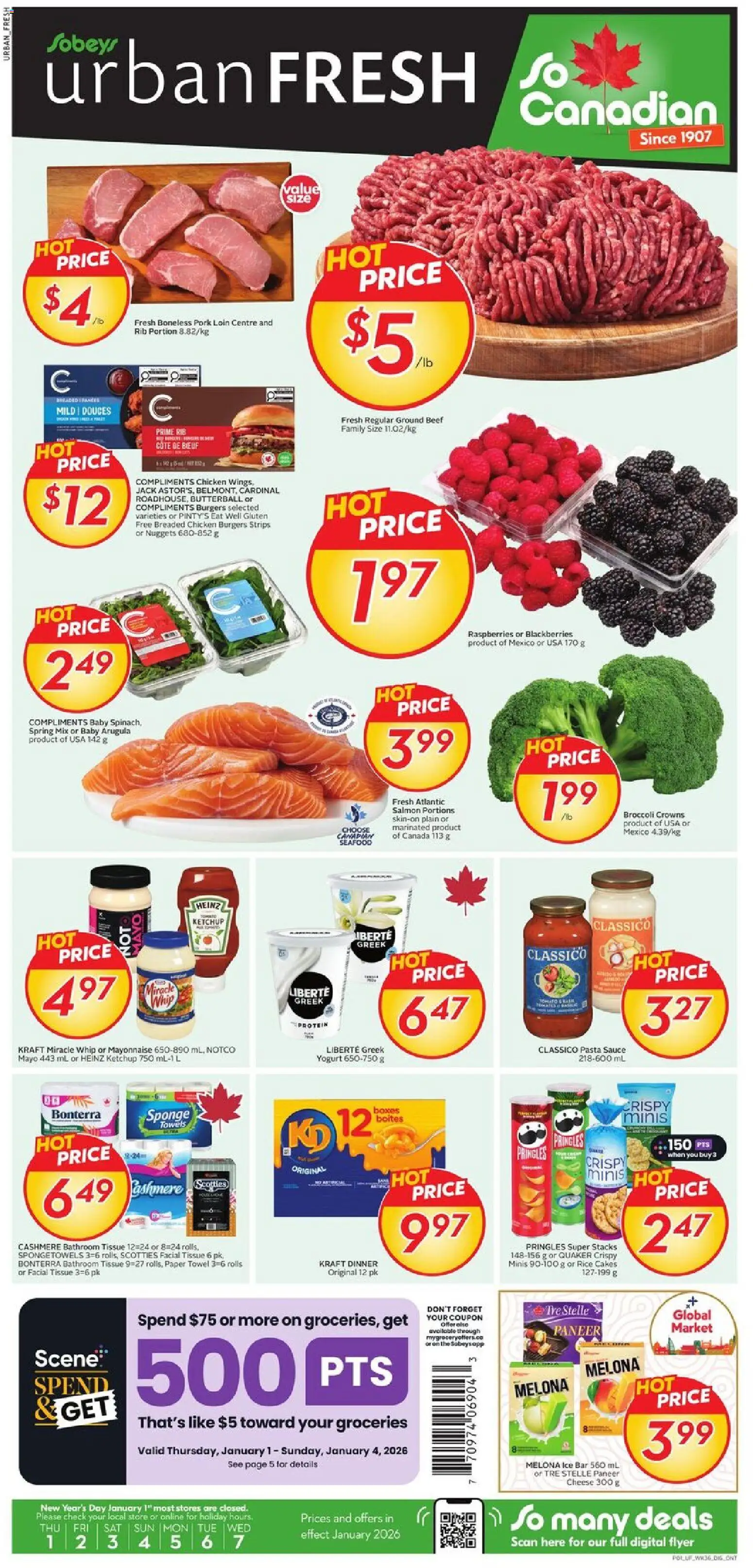 Sobeys flyer valid from 01.01.2026 | Page: 1 | Products: Pasta, Ketchup, Sponge, Cheese
