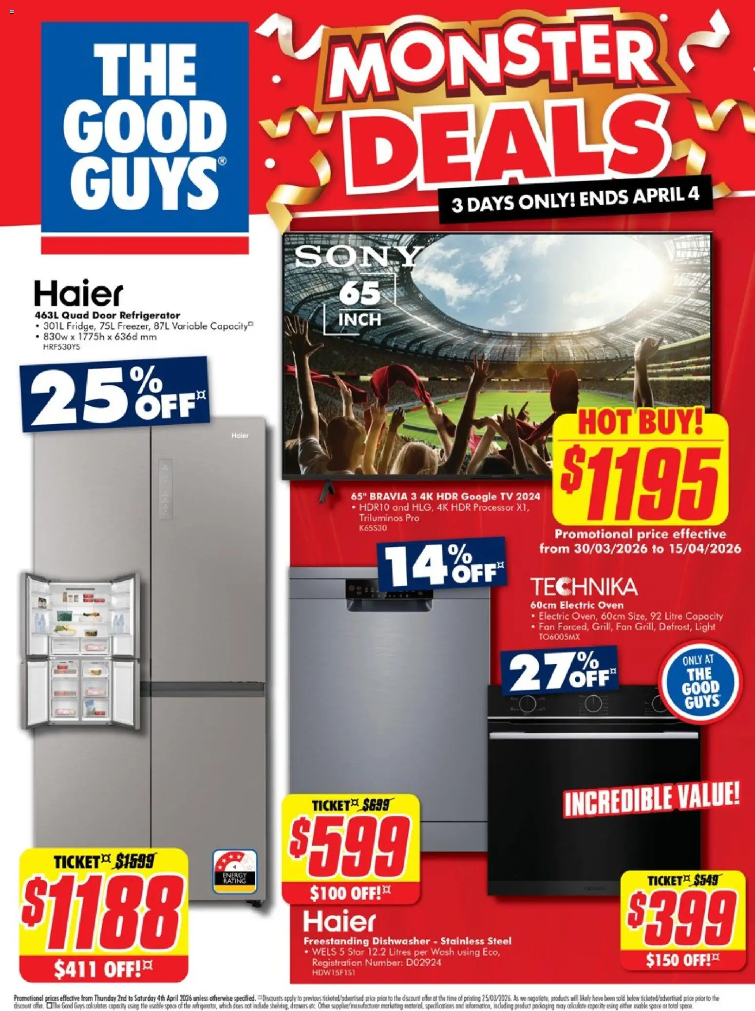 The Good Guys catalogue - valid from 01.04.2026 | Page: 4 | Products: Light, Tv, Oven, Fan