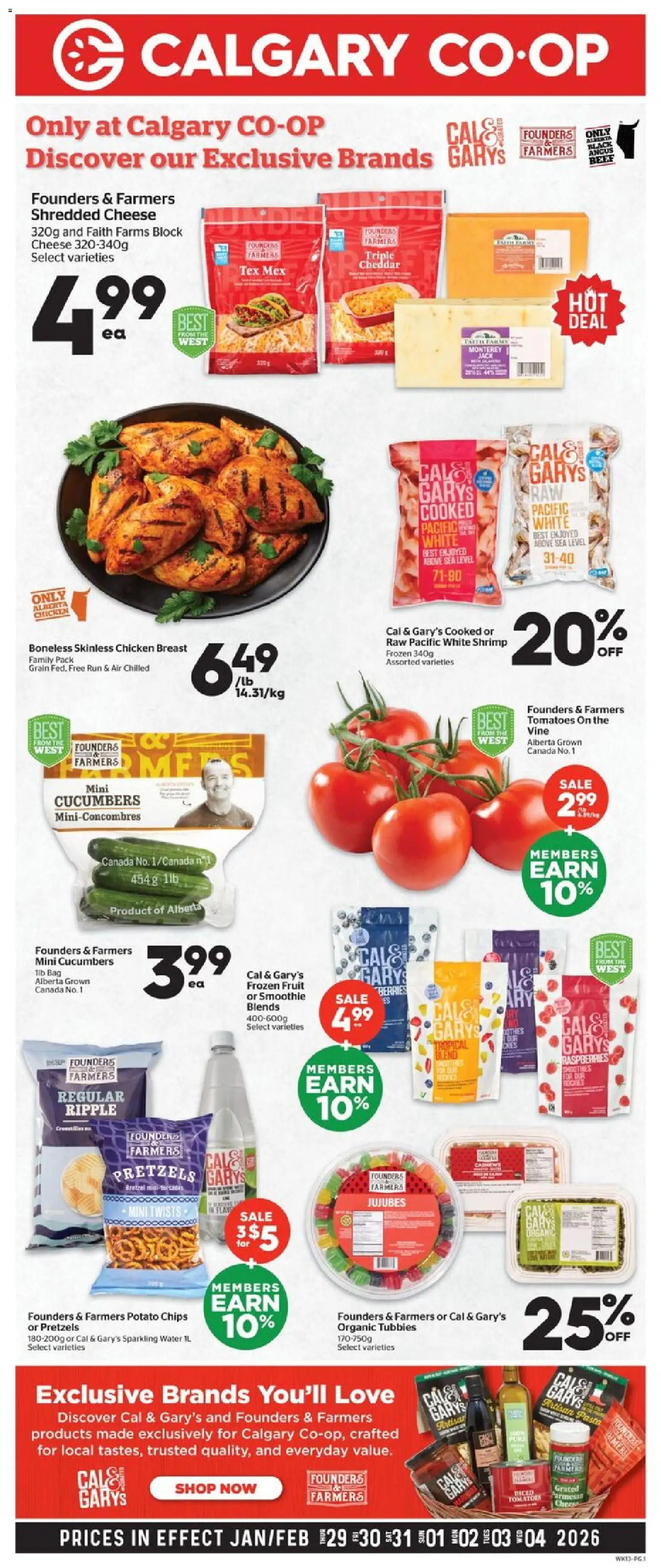 Calgary Co-op flyer valid from 29.01.2026 | Page: 1 | Products: Chips, Cucumbers, Chicken, Tomatoes
