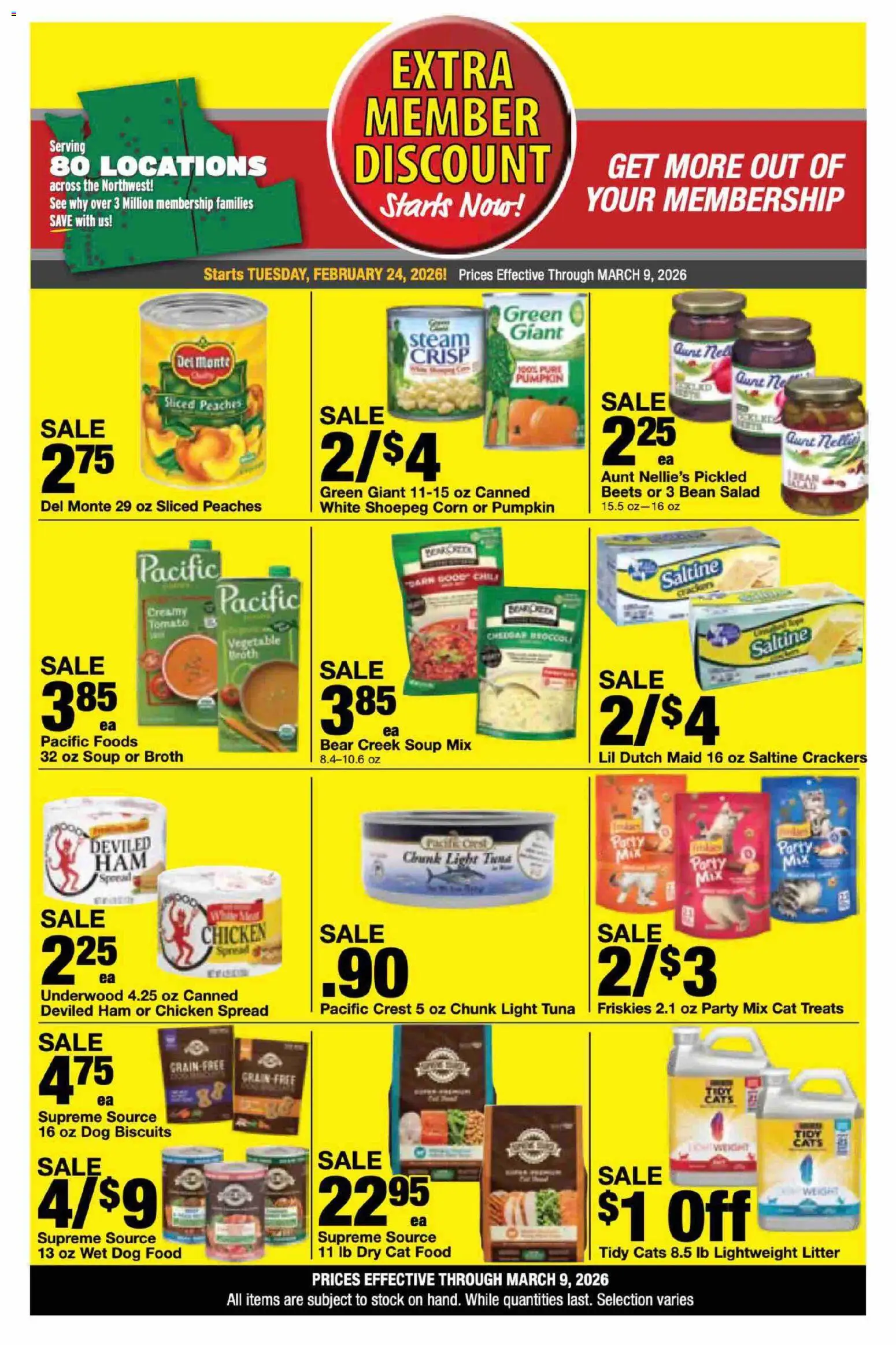 Bi-Mart Extra Member Discount - valid from 24.02.2026 | Page: 12 | Products: Peaches, Dog Food, Ham, Pumpkin