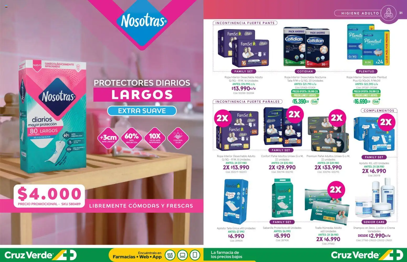 Cruz Verde Descuentos │ válido desde el 01.01.2026 | Página: 16 | Productos: Protectores diarios, Toallas, Ropa interior, Shampoo