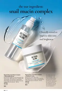 Preview of Beyond Glow Snail Mucin Complex + Panthenol Cream, Moisturizes while improving the appearance of texture and elasticity. With snail mucin complex and panthenol, which helps lock in moisture. 110 ml from shop Avon valid from 26.03.2026 | Page: 64 | Products: Cream