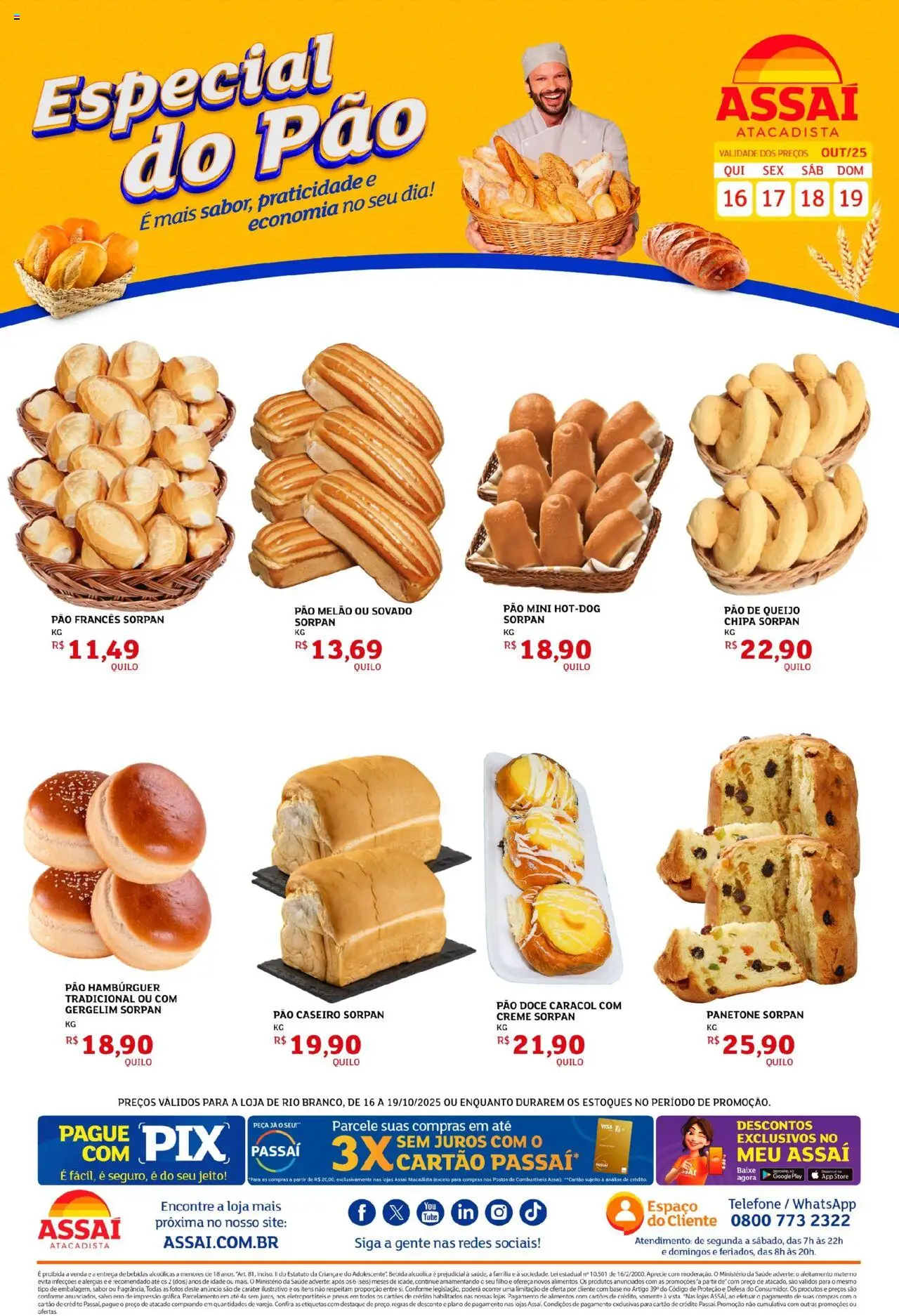 Assaí Atacadista Folheto - válido de 16.10.2025 | Página: 1 | Produtos: Pão, Pneus, Creme, Telefone