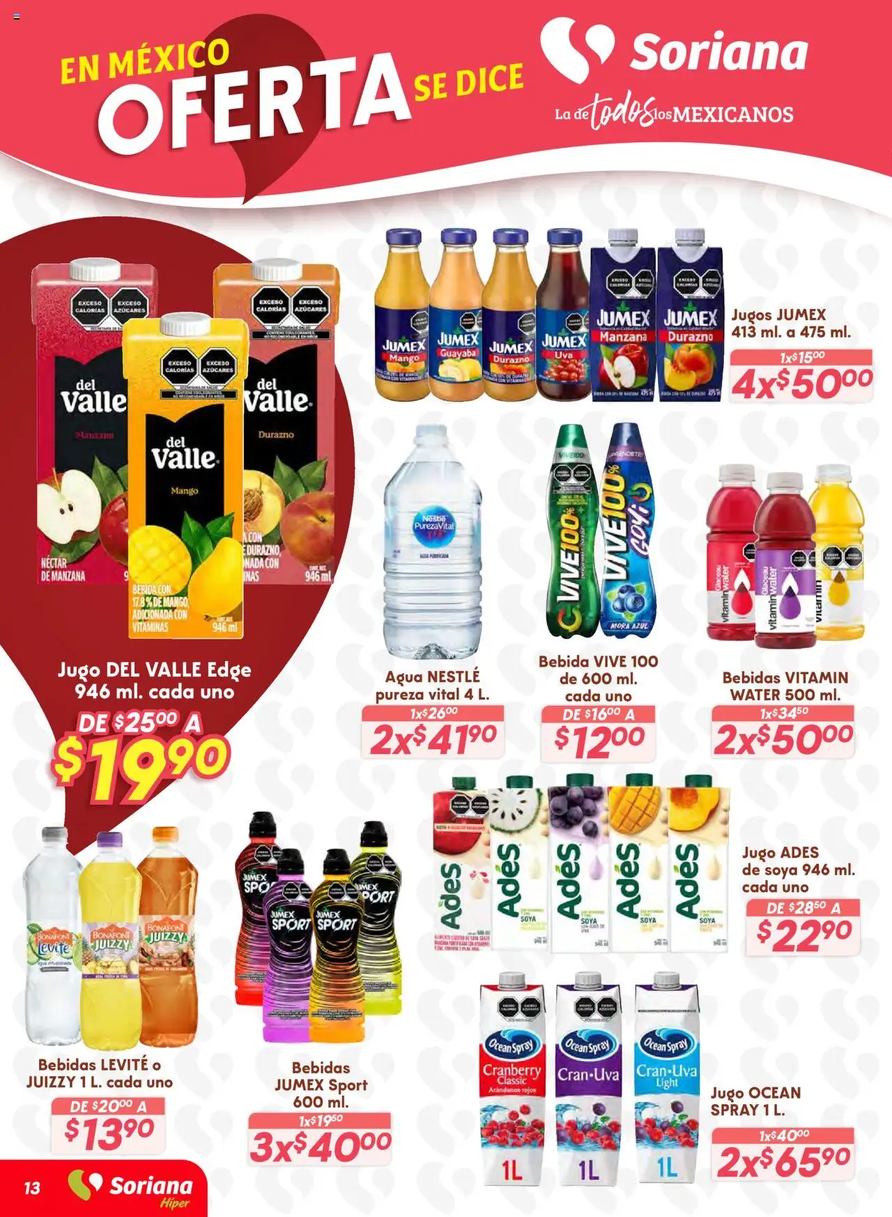 Nuevas ofertas de Soriana válidas en toda la República Mexicana desde el 16.10.2025. ¡Encuentra las mejores ofertas en Soriana - Preciazazaso Híper: Ags, Col, Gto, Jal, Mich! | Página: 13 | Productos: Durazno, Agua, Jugo, Vitaminas