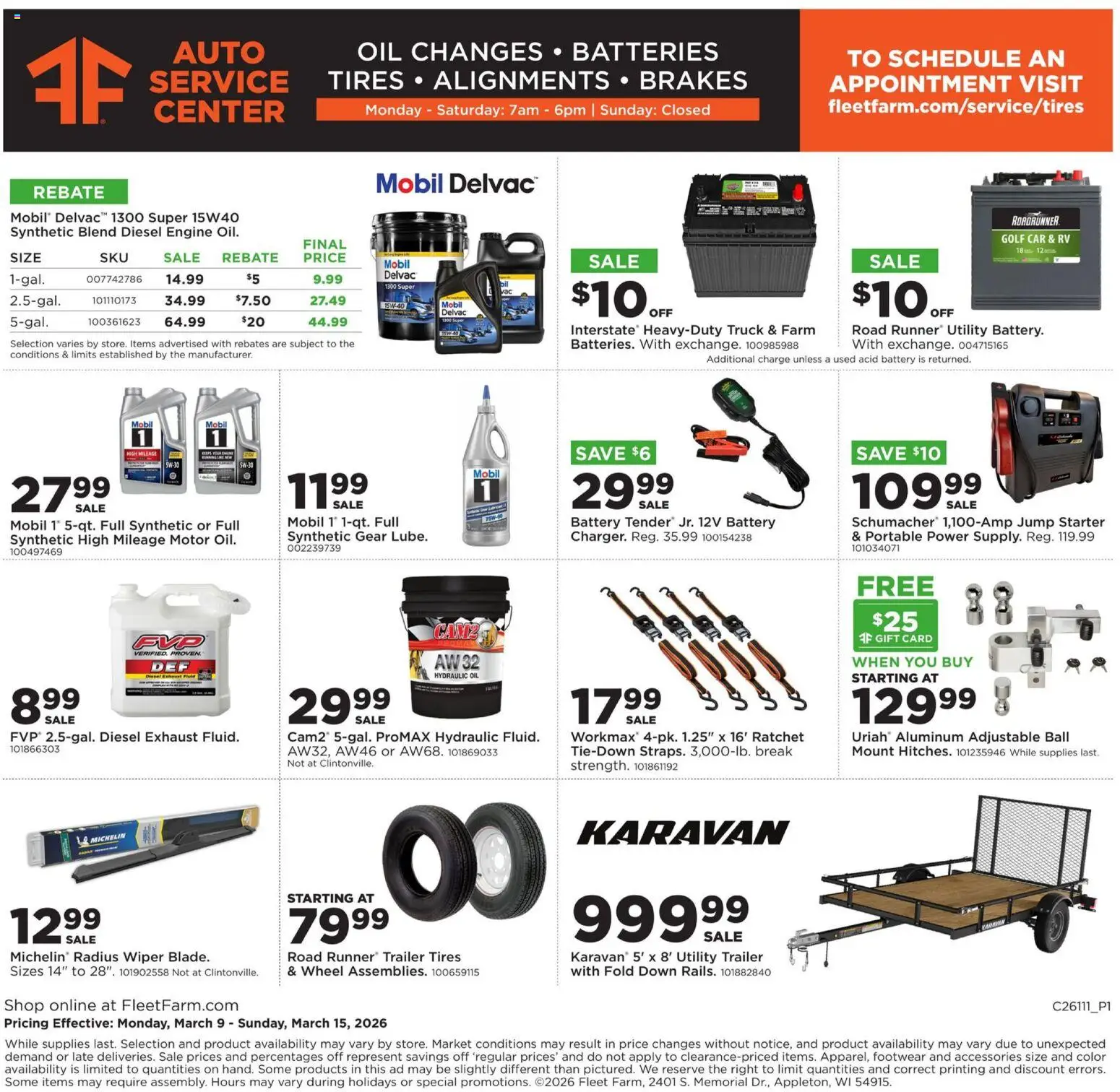 Mills Fleet Farm Weekly Ad - valid from 09.03.2026 | Page: 26 | Products: Battery, Ratchet, Oil, Starter