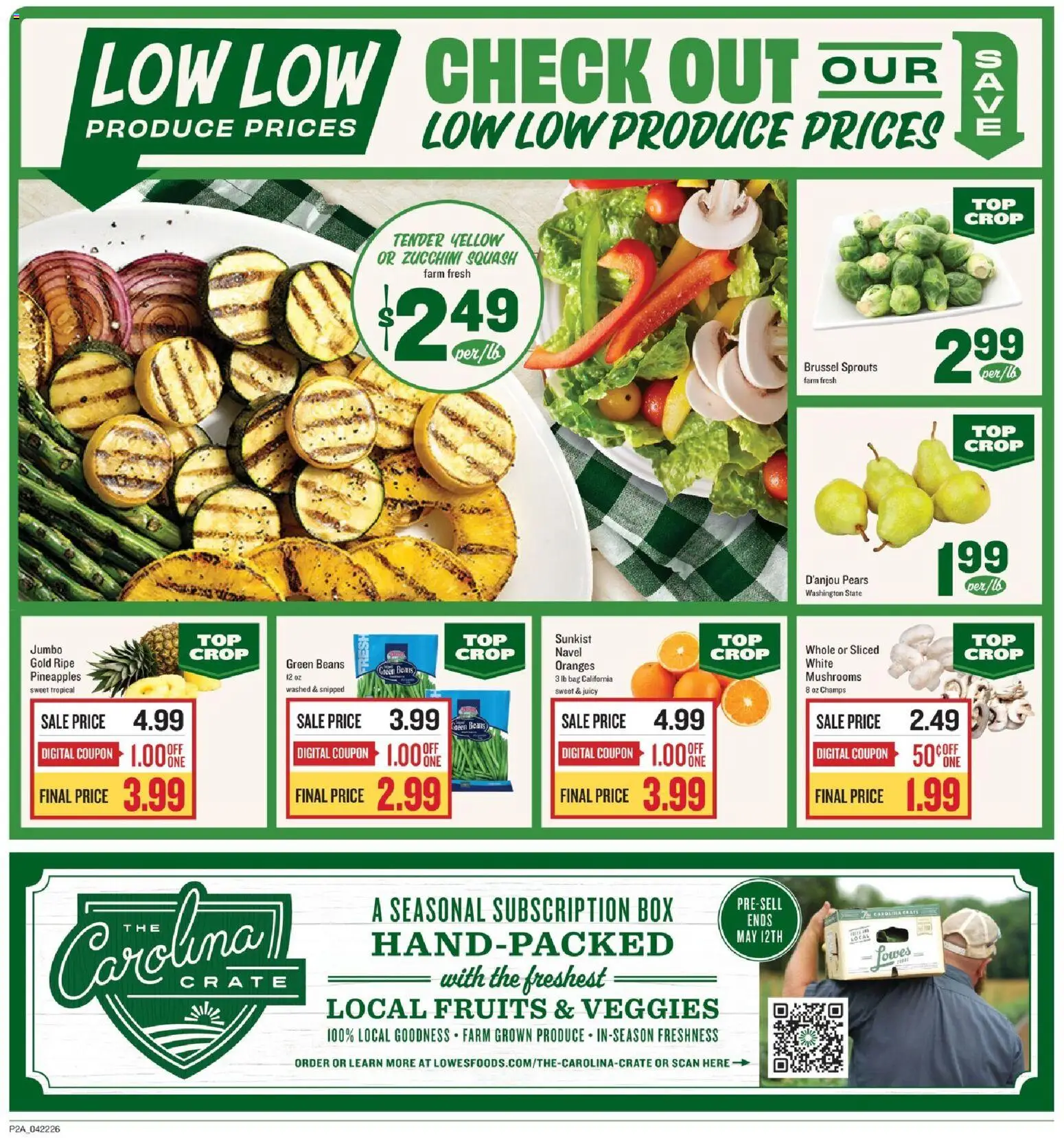 Lowes Foods Weekly Ad - valid from 22.04.2026 | Page: 2 | Products: Squash, Zucchini, Oranges, Fruits