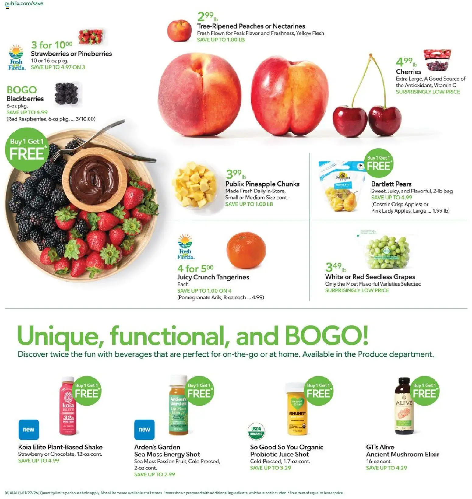Publix Weekly Ad - valid from 21.01.2026 | Page: 6 | Products: Peaches, Juice, Grapes, Bag