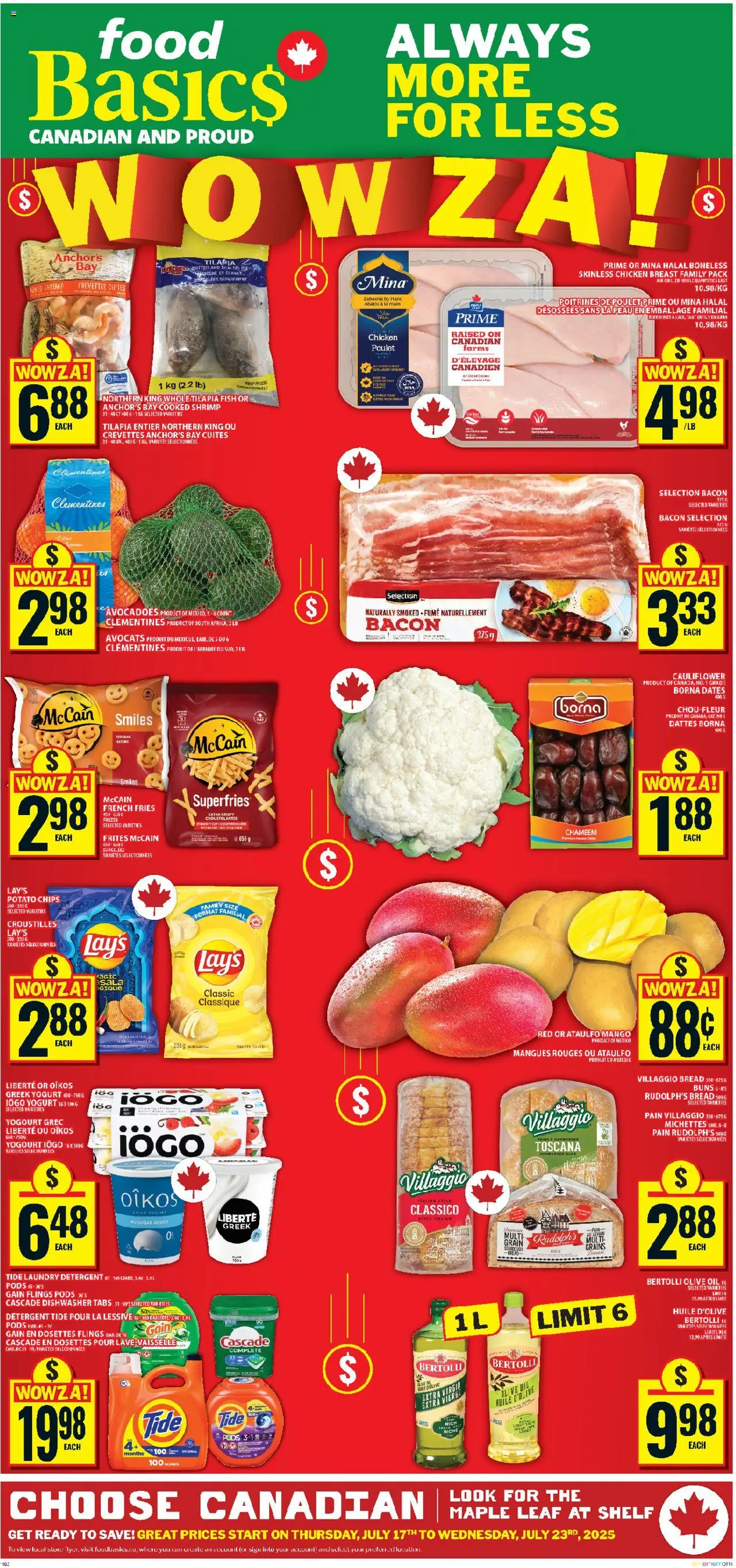 Food Basics flyer valid from 17.07.2025 | Page: 1 | Products: Dishwasher, Detergent, Oil, Bread