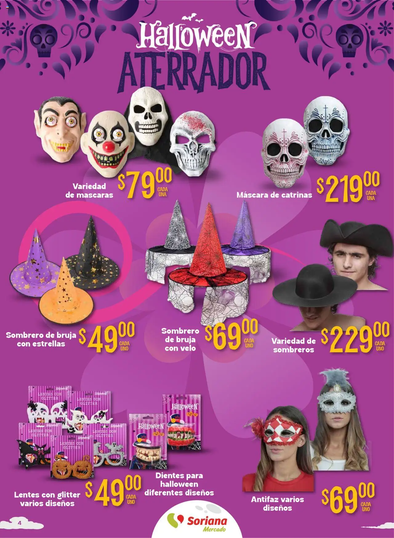 Nuevas ofertas de Soriana válidas en toda la República Mexicana desde el 16.10.2025. ¡Encuentra las mejores ofertas en Soriana - Halloween y Día de muertos Mercado Nacional! | Página: 4 | Productos: Sombrero, Lentes, Glitter, Antifaz