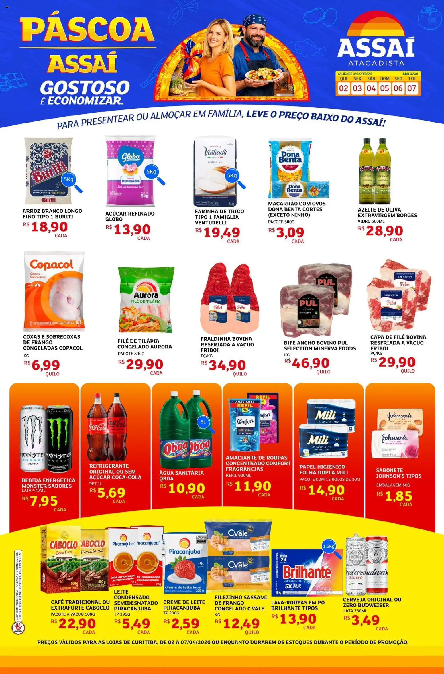 Assaí Atacadista Folheto - válido de 02.04.2026 | Página: 1 | Produtos: Fraldinha, Tilápia, Arroz, Creme