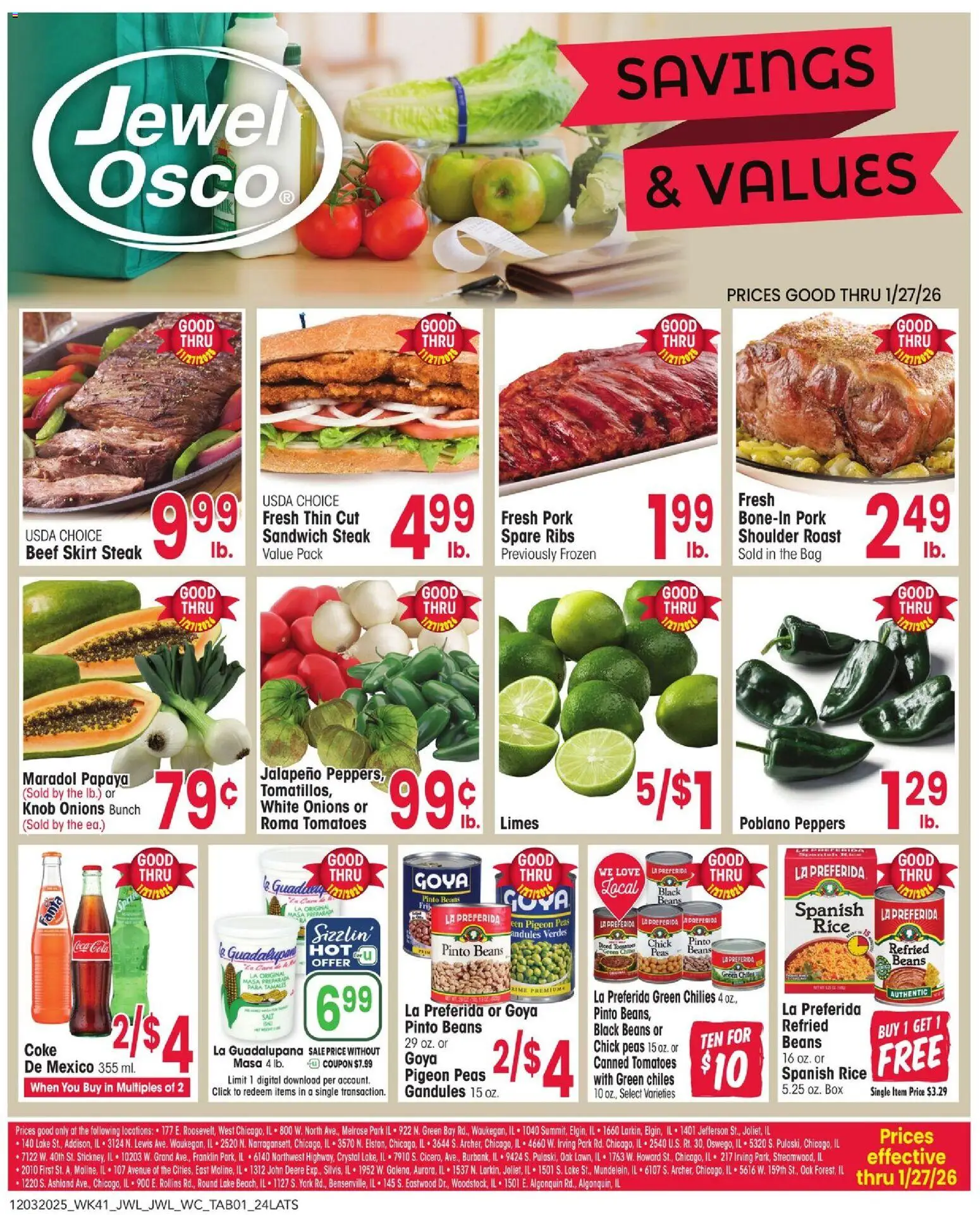 Jewel Osco Savings & Values Ad - valid from 03.12.2025 | Page: 1 | Products: Pork, Tomatoes, Beef, Bag